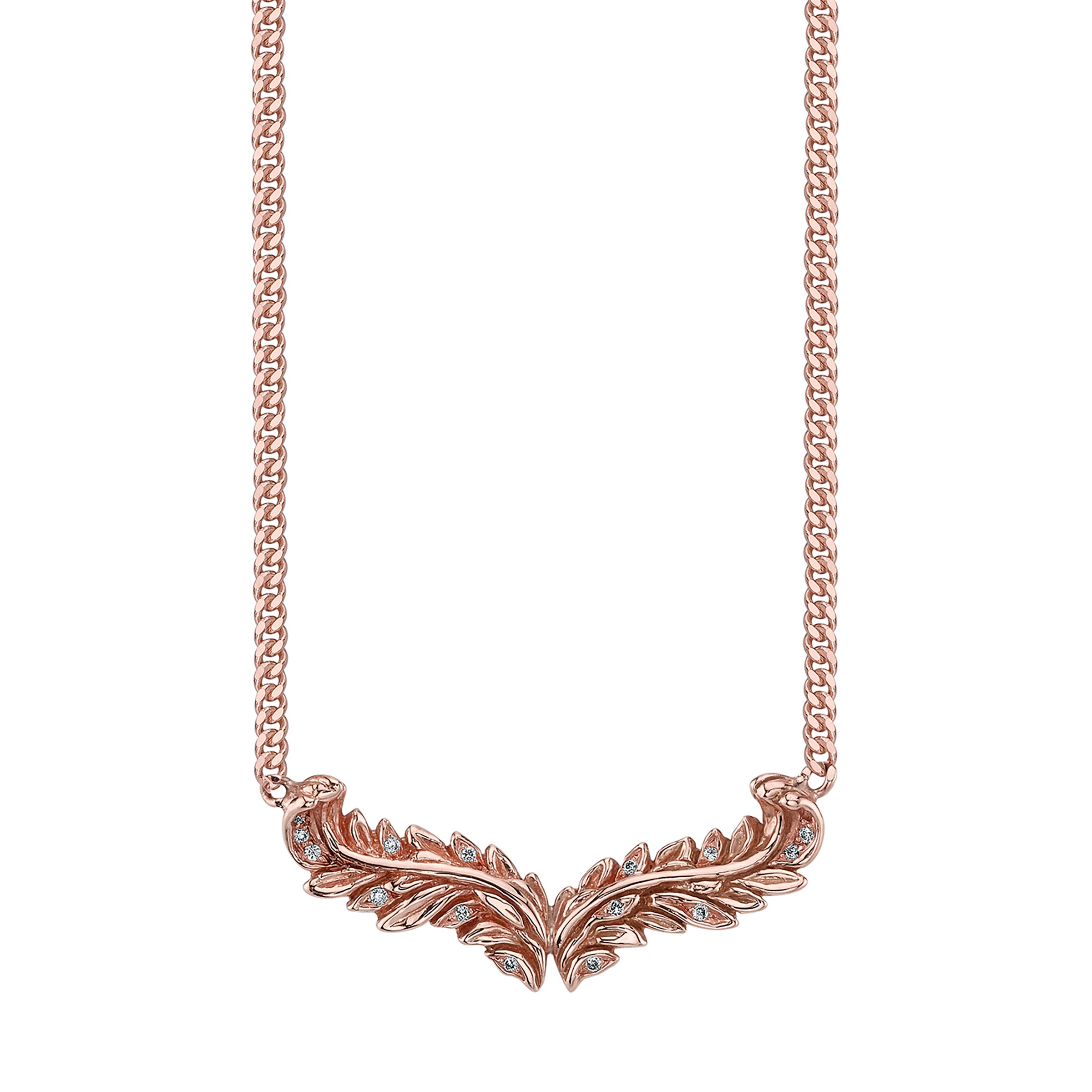 Acanthus Necklace, necklace with two rose-gold acanthus leaves positioned like wings and dotted with white diamonds