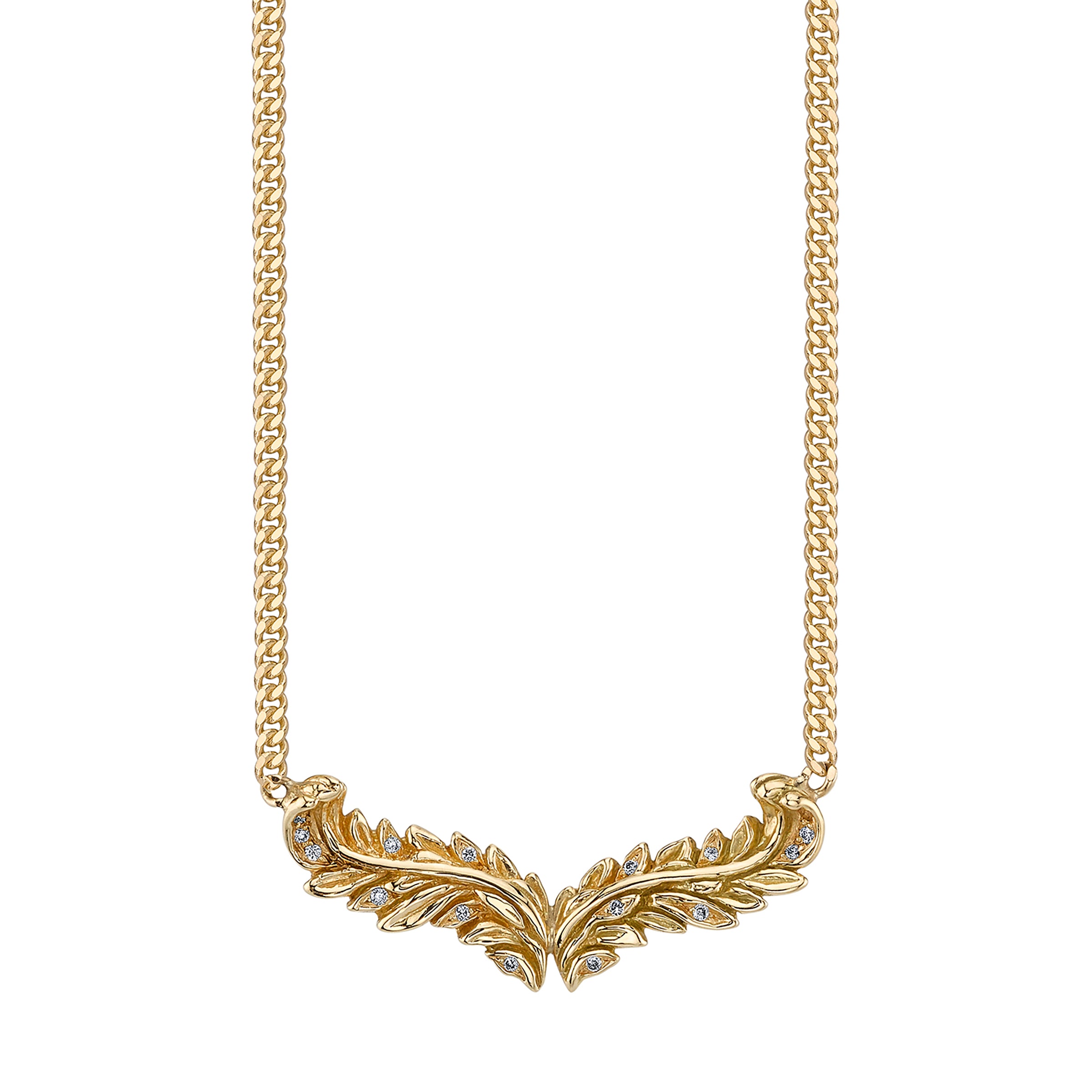 Acanthus Necklace, necklace with two yellow-gold acanthus leaves positioned like wings and dotted with white diamonds