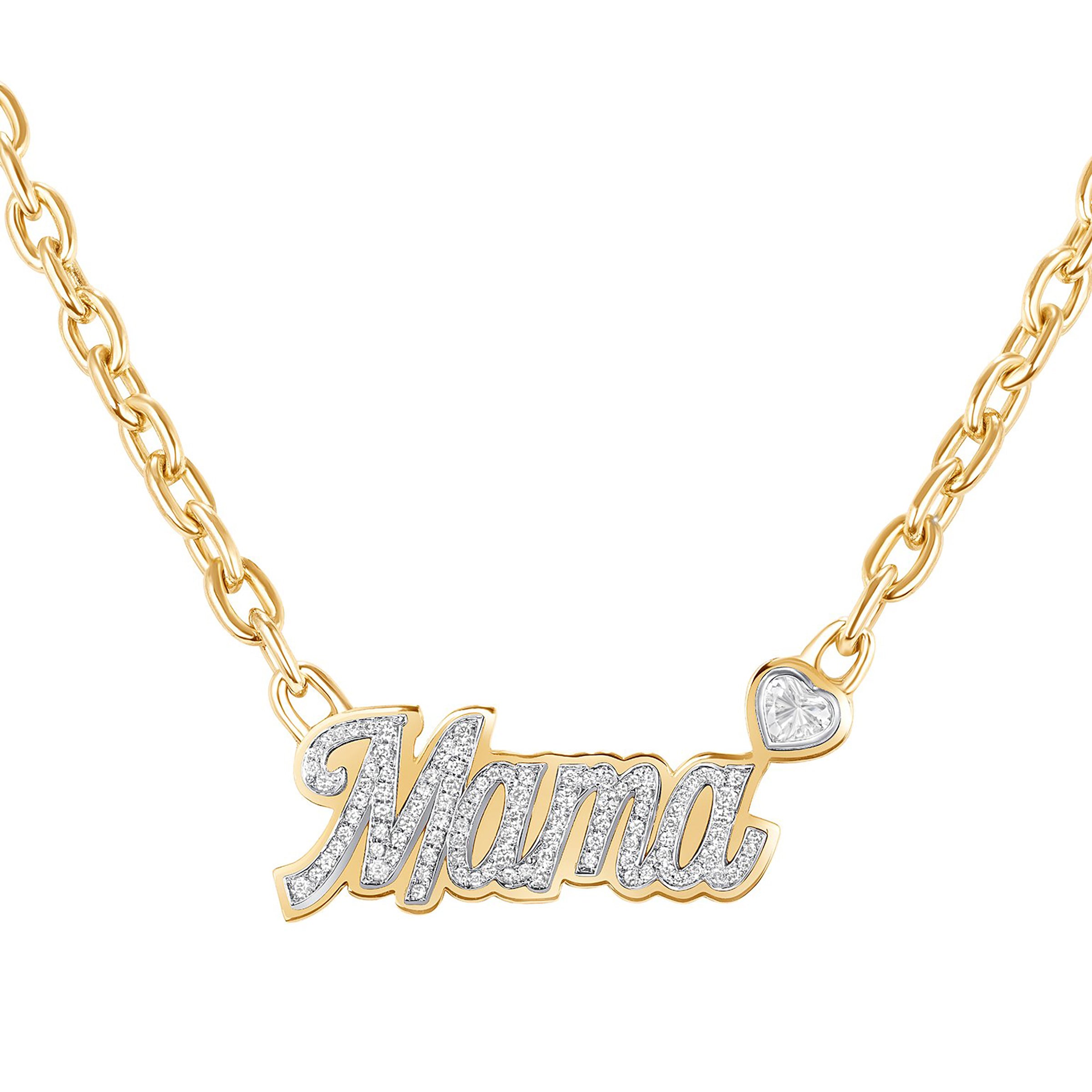 Doppio Necklace, necklace with the word "Mama" in white gold resting atop a yellow-gold plate, word is set with white diamonds and accompanied by a white heart-shaped diamond