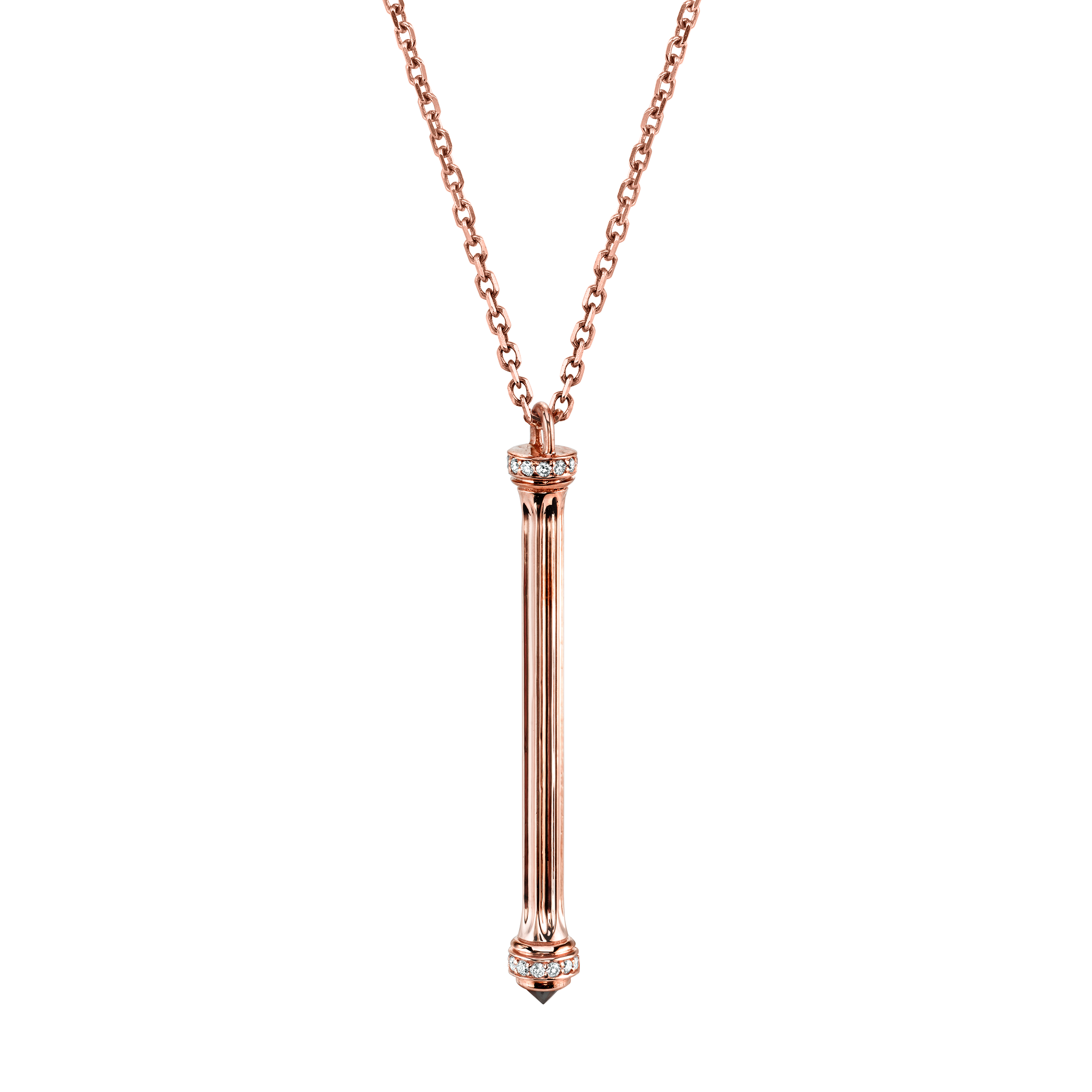 Doric Colonna Pendant, rose-gold pendant shaped like a column with a black diamond at the tip and white diamond pavé at the capital and base