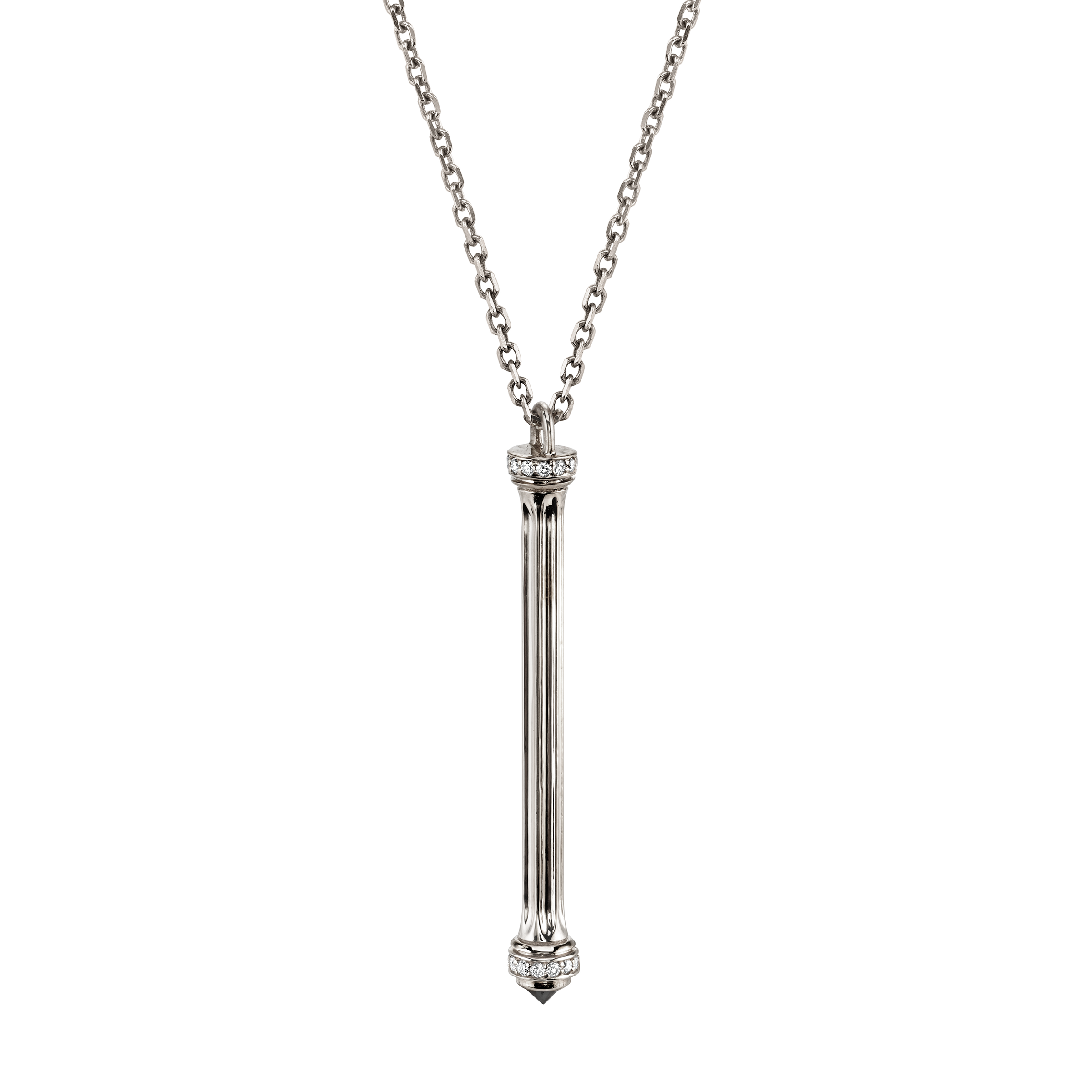 Doric Colonna Pendant, white-gold pendant shaped like a column with a black diamond at the tip and white diamond pavé at the capital and base