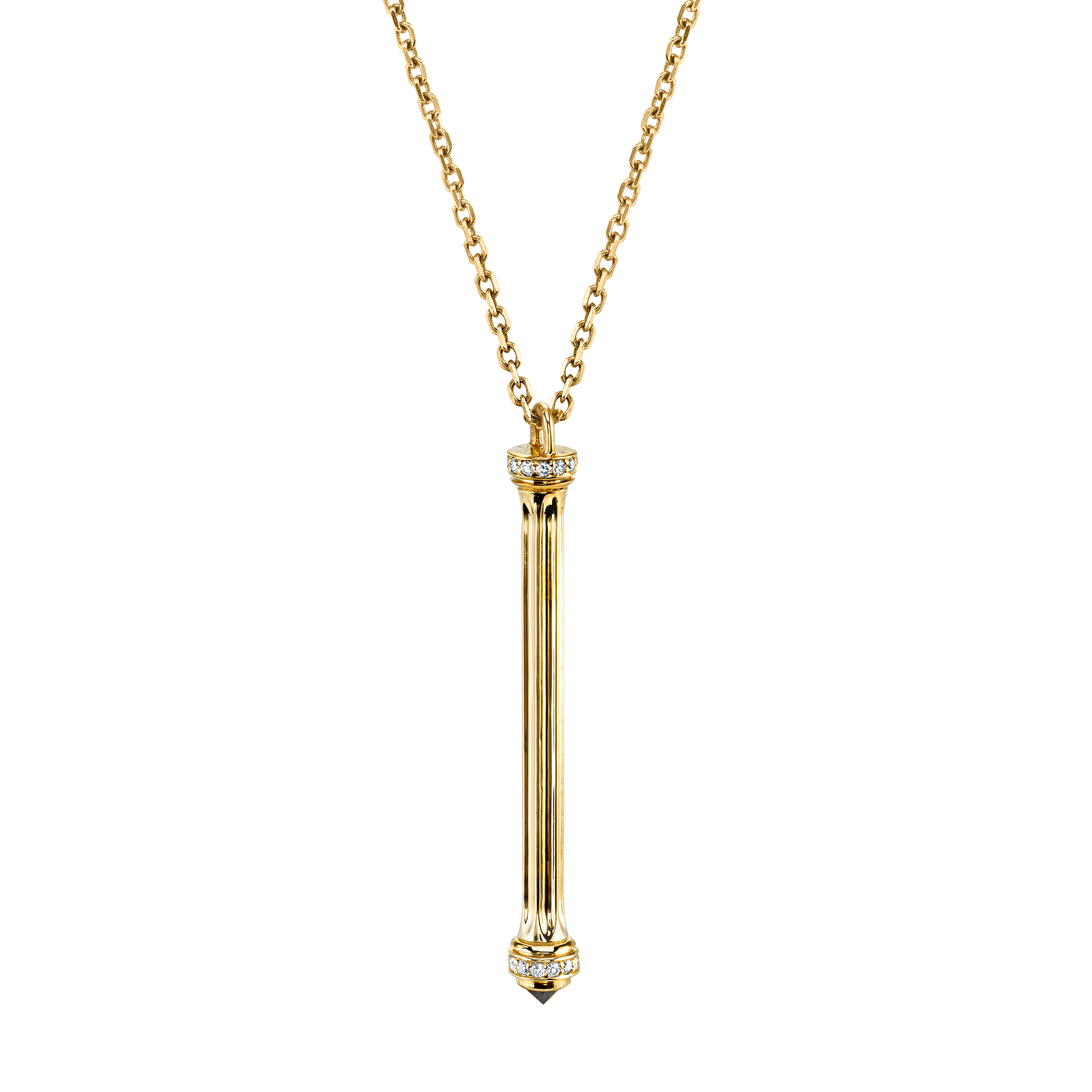 Doric Colonna Pendant, yellow-gold pendant shaped like a column with a black diamond at the tip and white diamond pavé at the capital and base