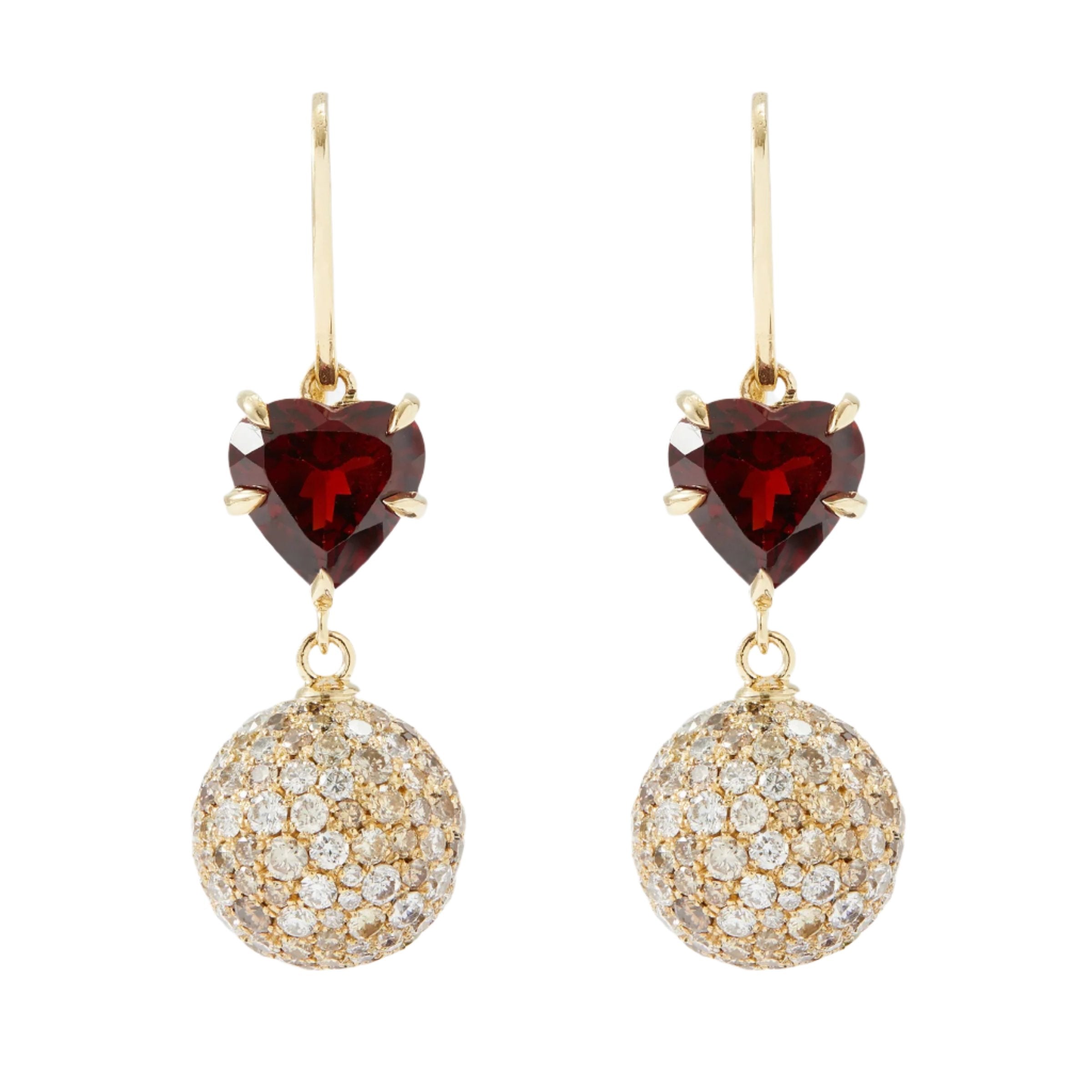 Front view of Chicca Pallina Earrings, drop earrings with deep-red heart-shaped garnets and a ball of white diamonds, set in yellow gold