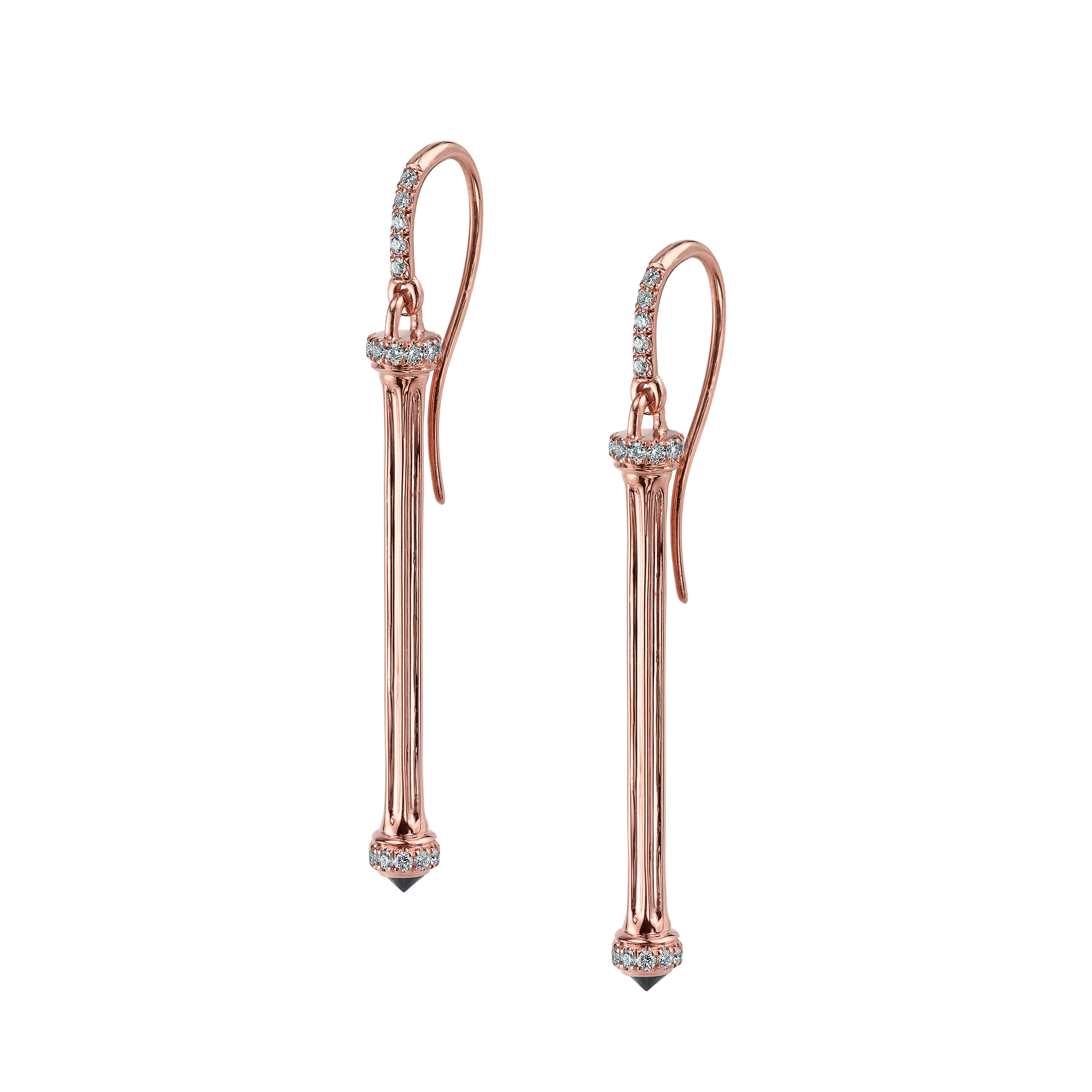 Doric Colonna Earrings, rose-gold drop earrings shaped like columns with a black diamond at the tip and white diamond pavé at the French wire, capital, and base