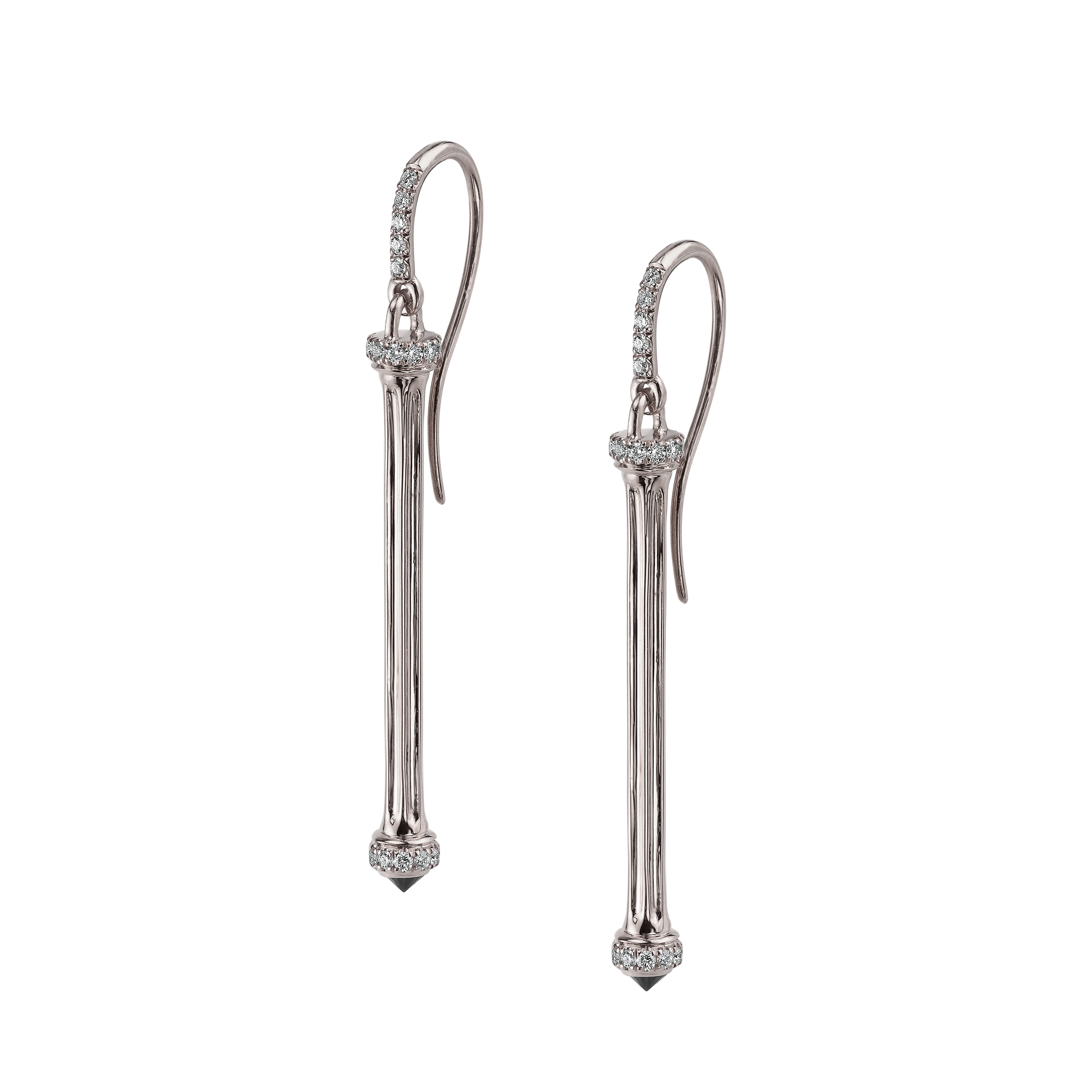 Doric Colonna Earrings, white-gold drop earrings shaped like columns with a black diamond at the tip and white diamond pavé at the French wire, capital, and base