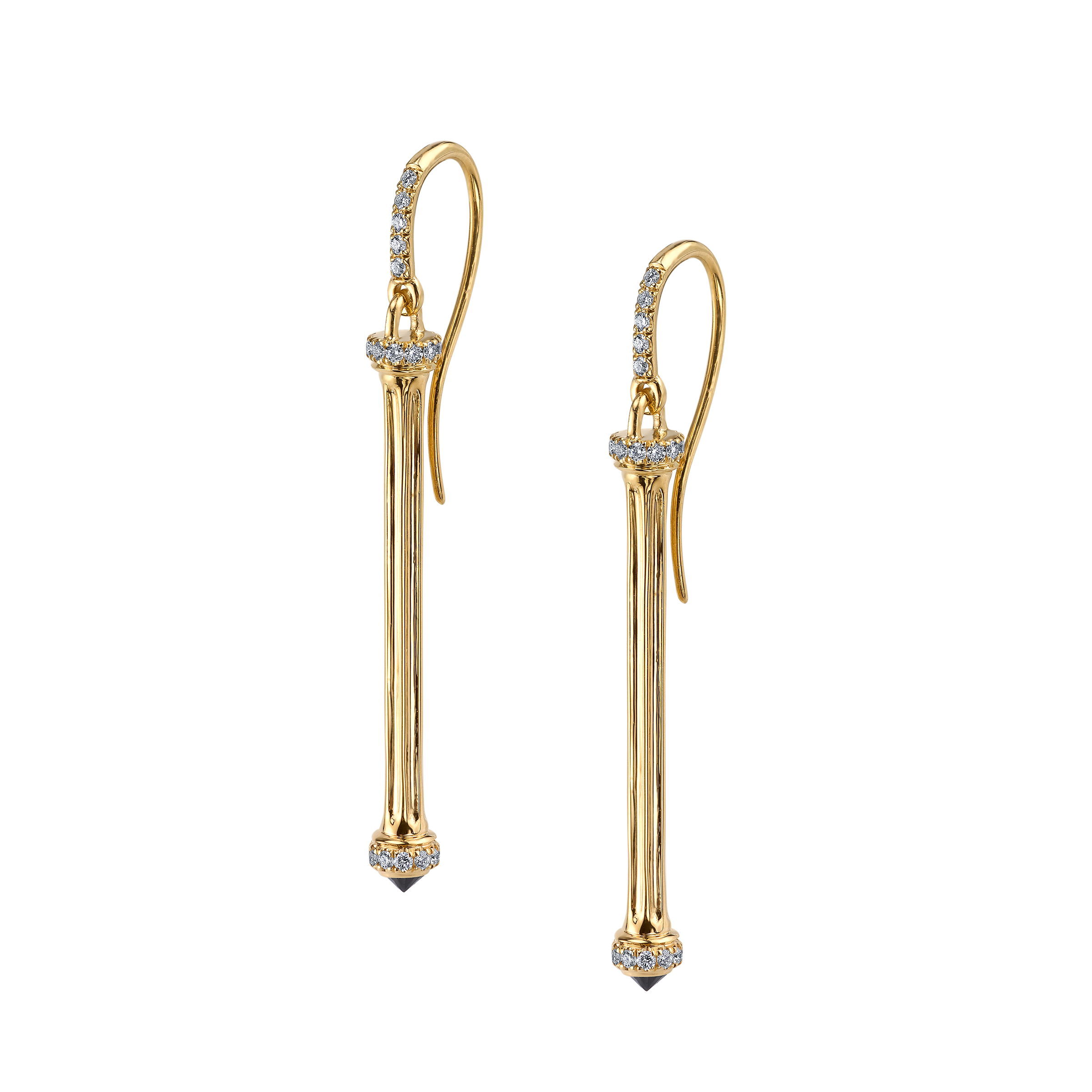 Doric Colonna Earrings, yellow-gold drop earrings shaped like columns with a black diamond at the tip and white diamond pavé at the French wire, capital, and base