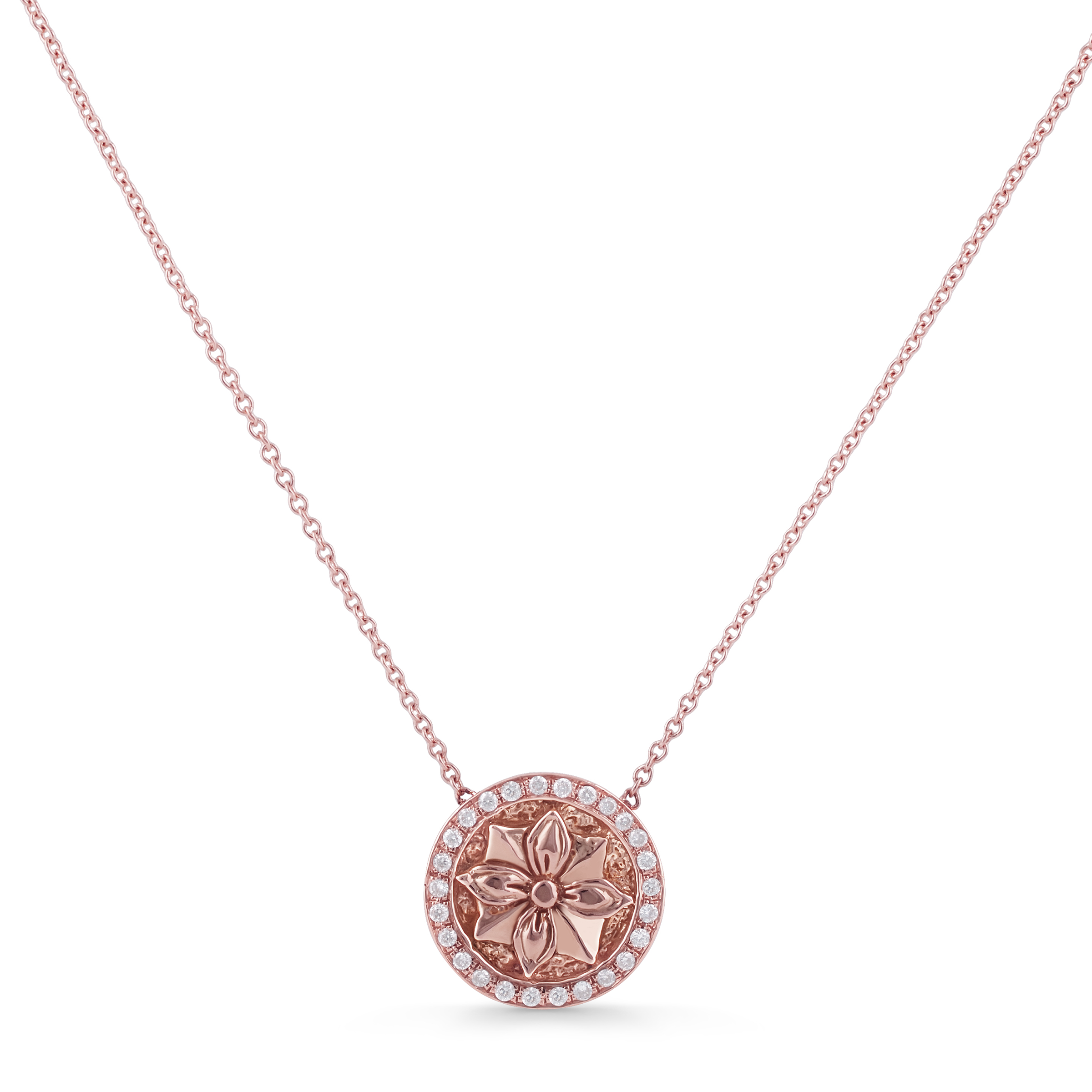 Petite Ornament Necklace, rose-gold pendant outlined with white diamond pavé with a floral motif in the center