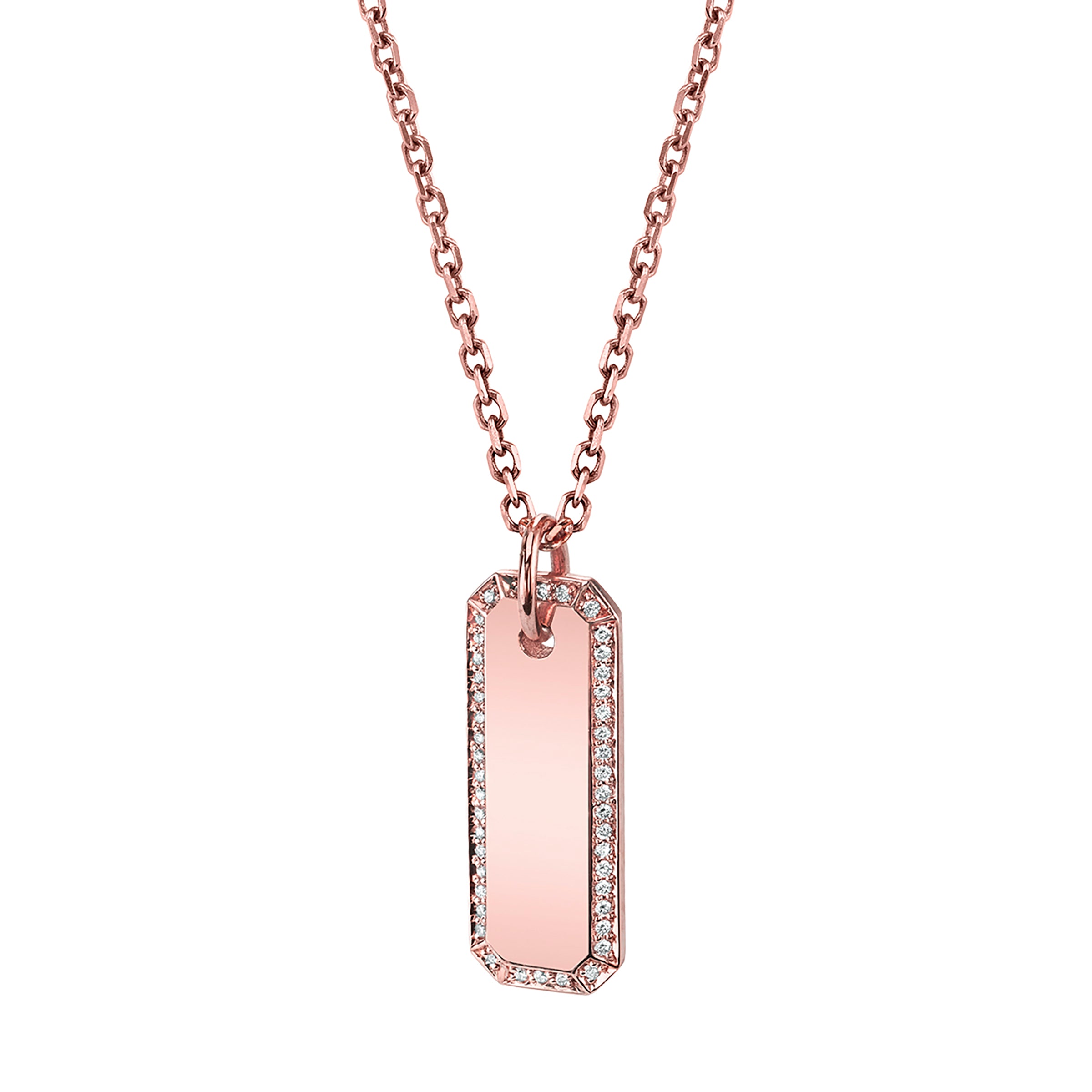 Romana Tag Necklace, rose-gold pendant mimicking a rectangular dog tag with diamond pavé forming a border