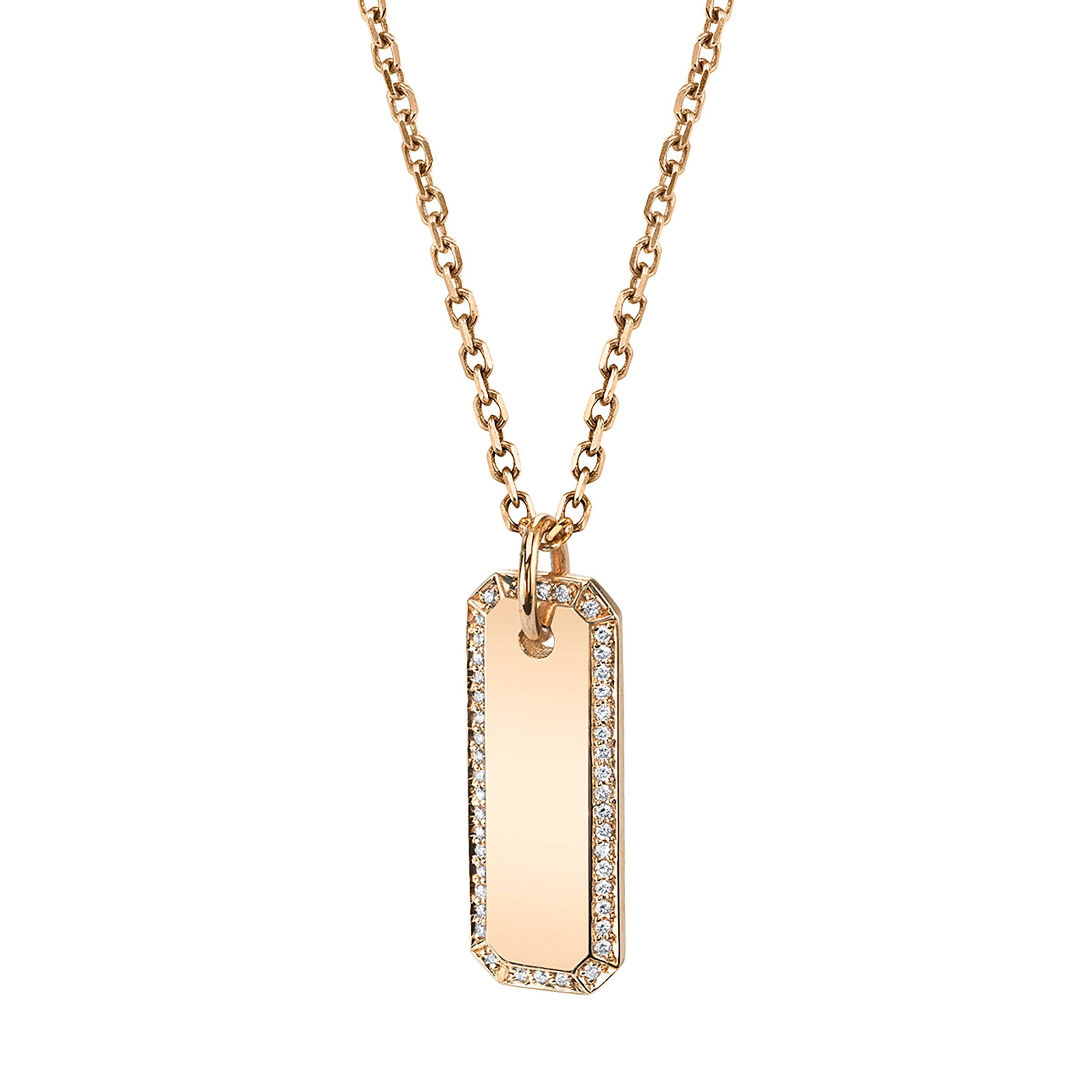 Romana Tag Necklace, yellow-gold pendant mimicking a rectangular dog tag with diamond pavé forming a border