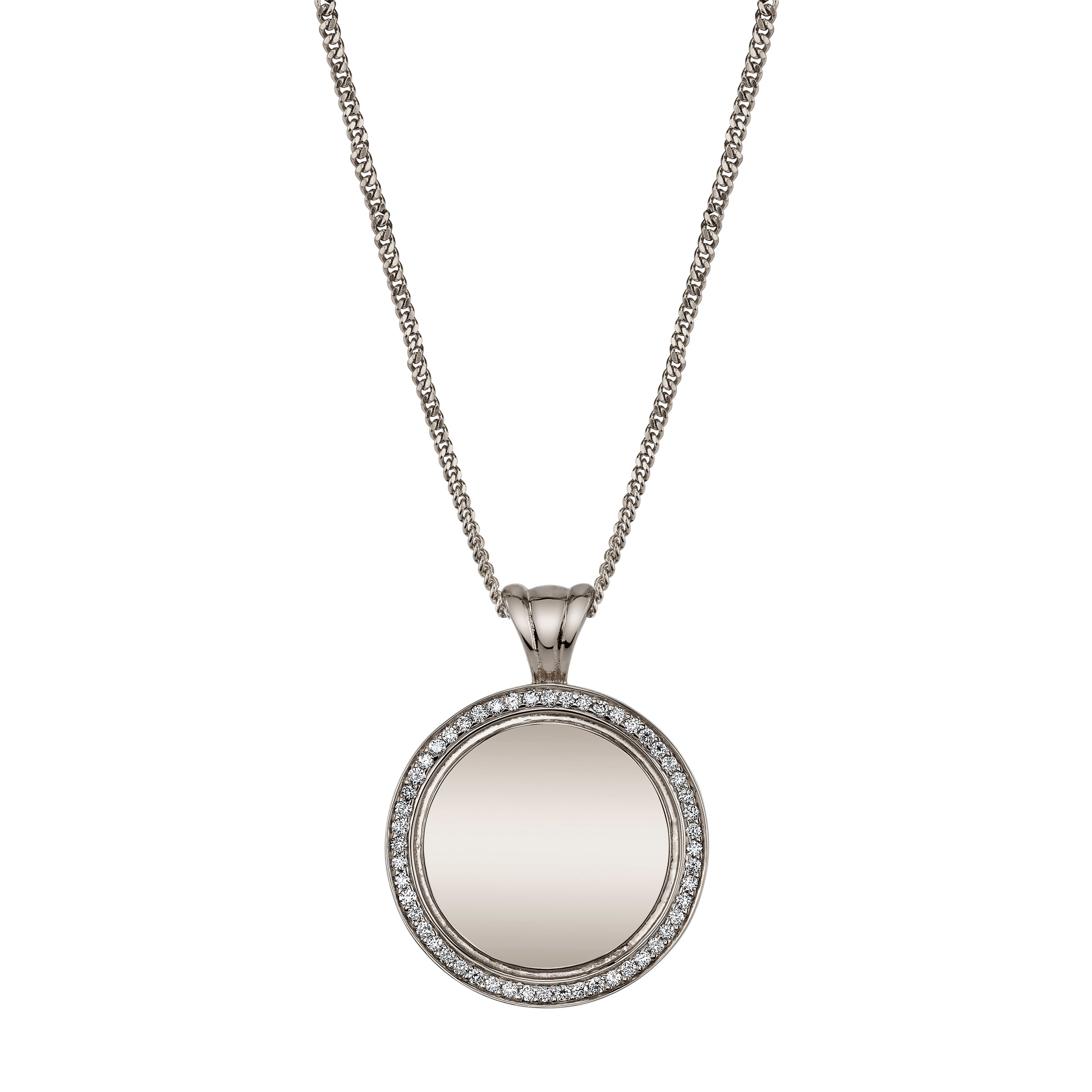 Vatican Coin Pendant, a circular charm in white gold with a diamond pavé border