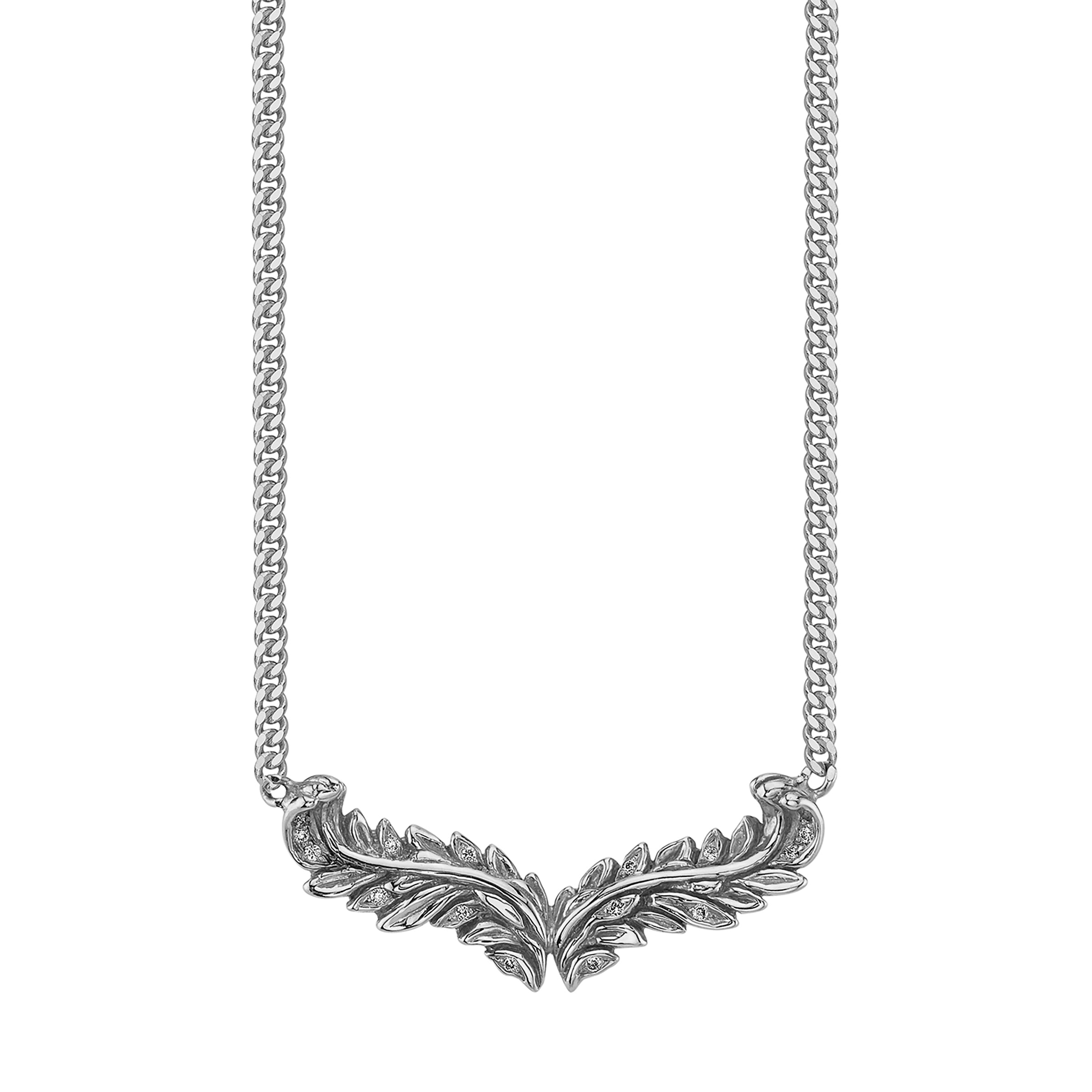 Acanthus Necklace, necklace with two white-gold acanthus leaves positioned like wings and dotted with white diamonds