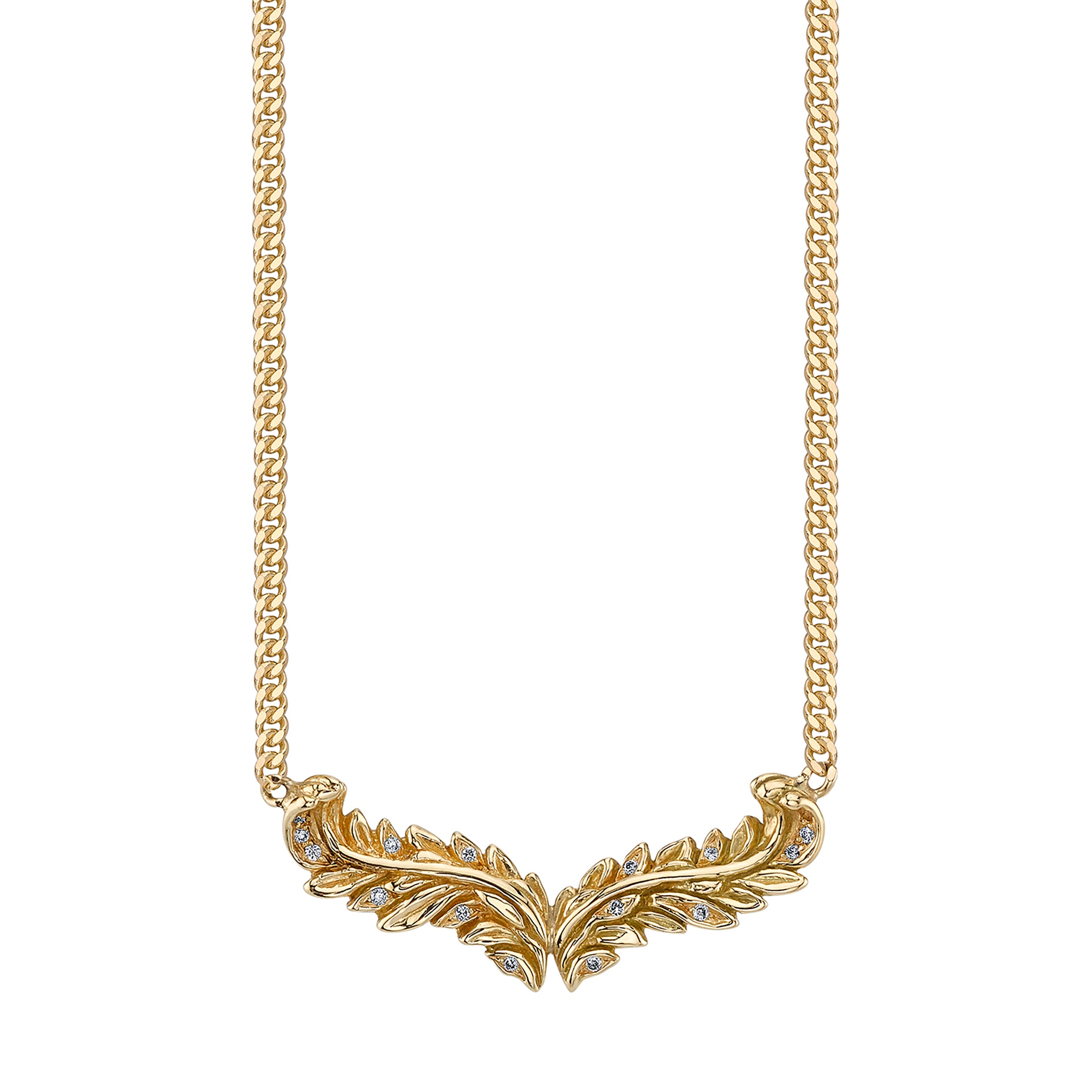 Acanthus Necklace, necklace with two yellow-gold acanthus leaves positioned like wings and dotted with white diamonds