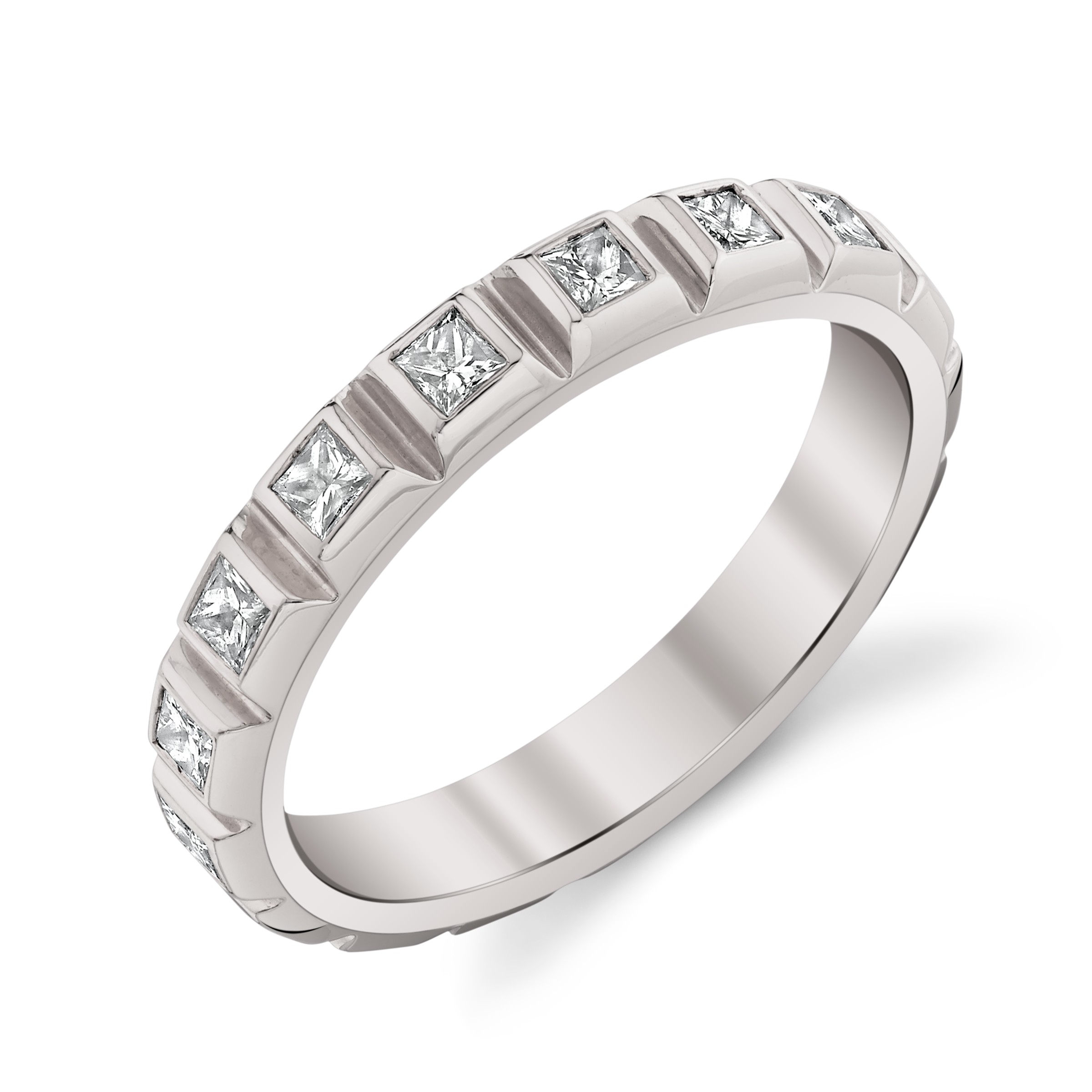 Cresta Band Diamond, white-gold band with princess-cut diamonds embedded in raised blocks