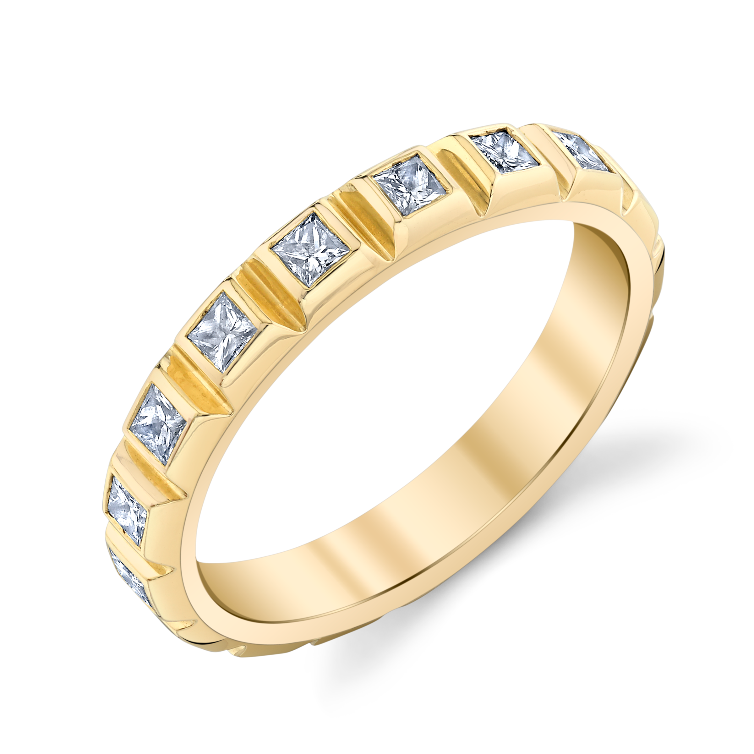 Cresta Band Diamond, yellow-gold band with princess-cut diamonds embedded in raised blocks