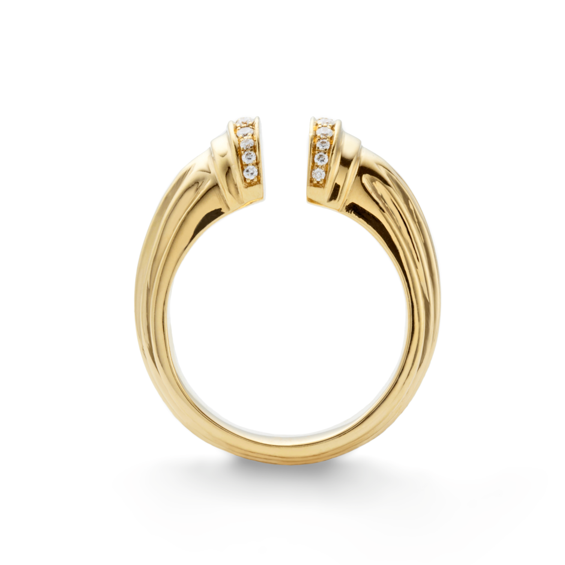 Doric Wrap Ring, yellow-gold wrap ring shaped like a column that narrows in the middle, set with white diamond pavé at the base and capital