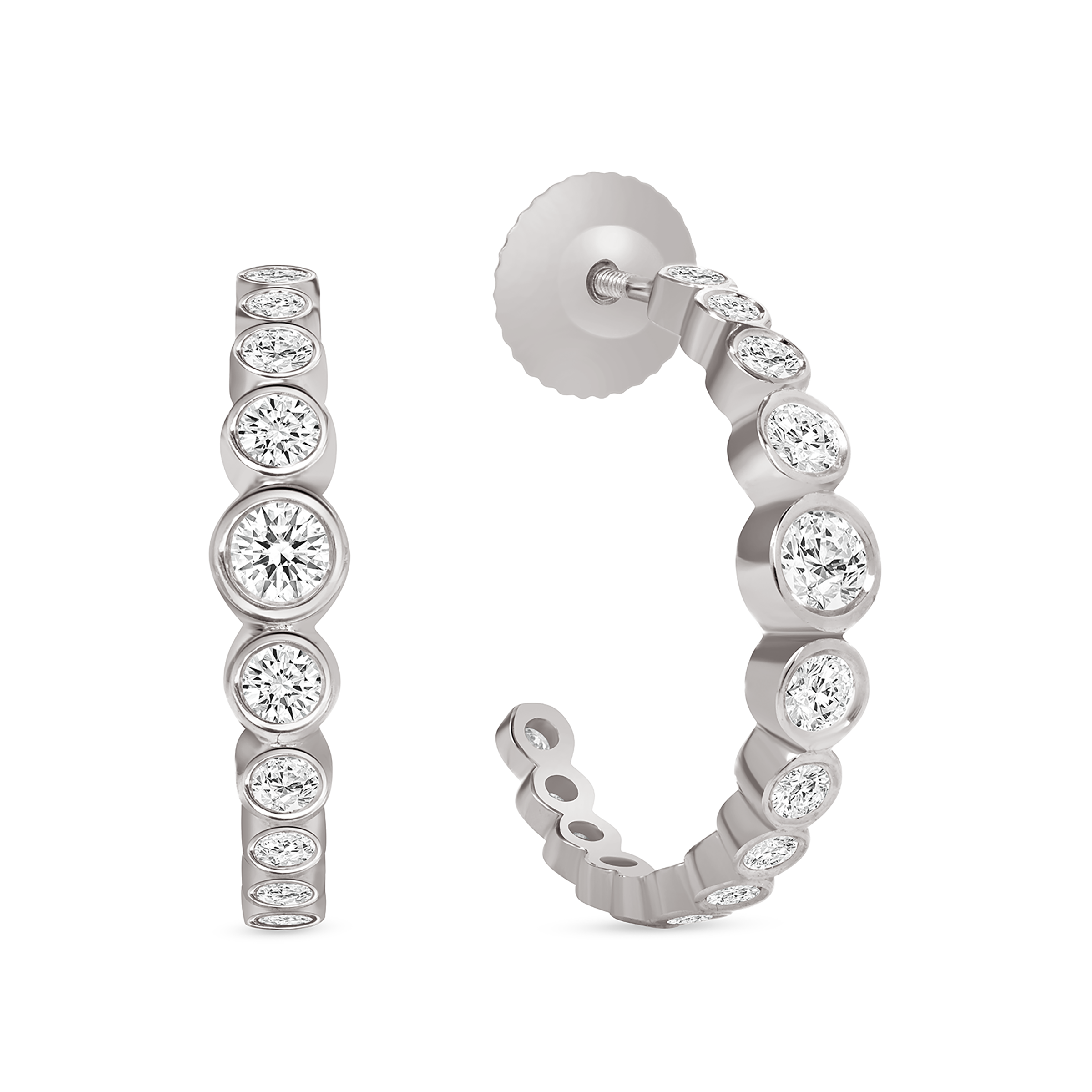 Leggera Huggie Earrings, white-gold huggies with a line of white diamonds resembling bubbles