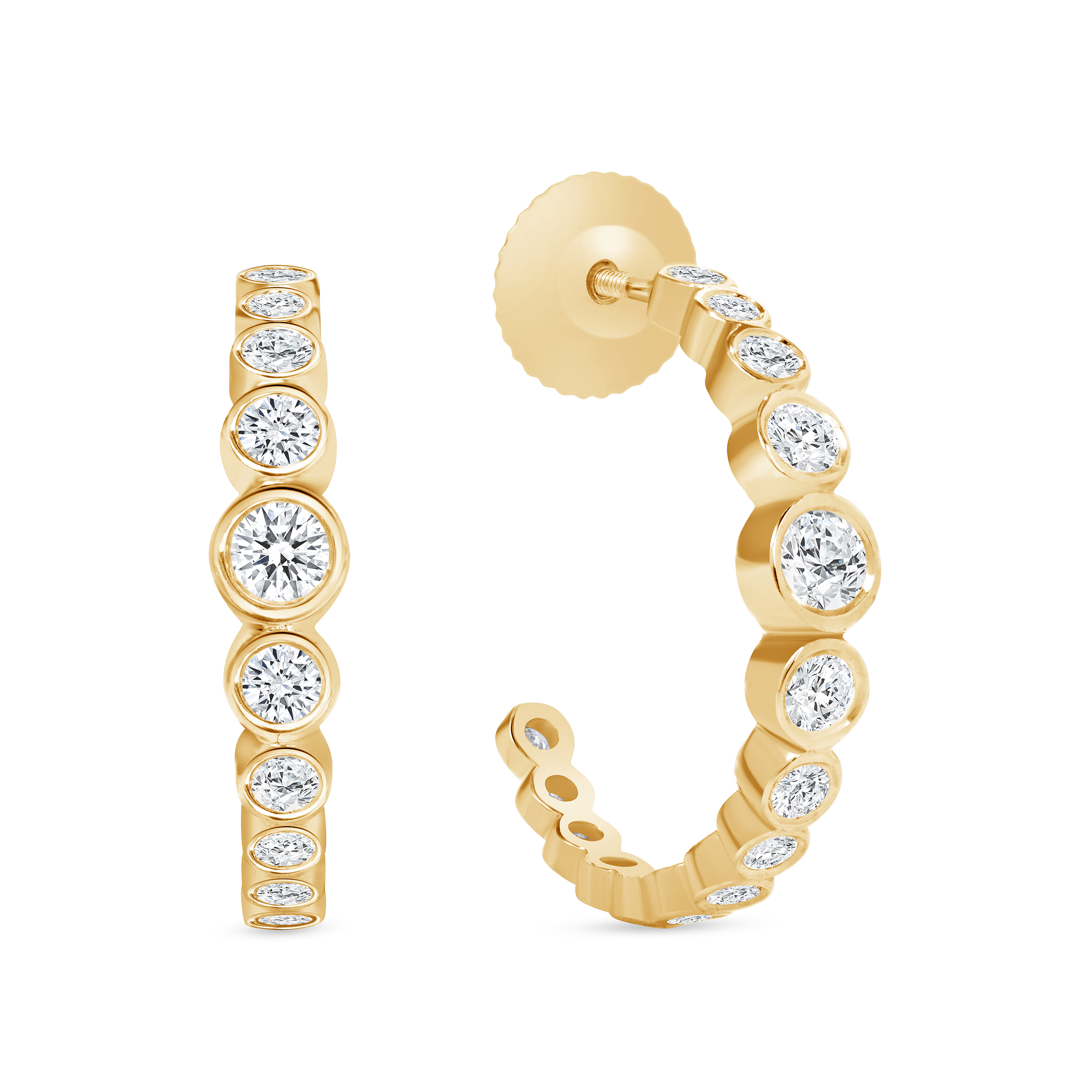 Leggera Huggie Earrings, yellow-gold huggies with a line of white diamonds resembling bubbles