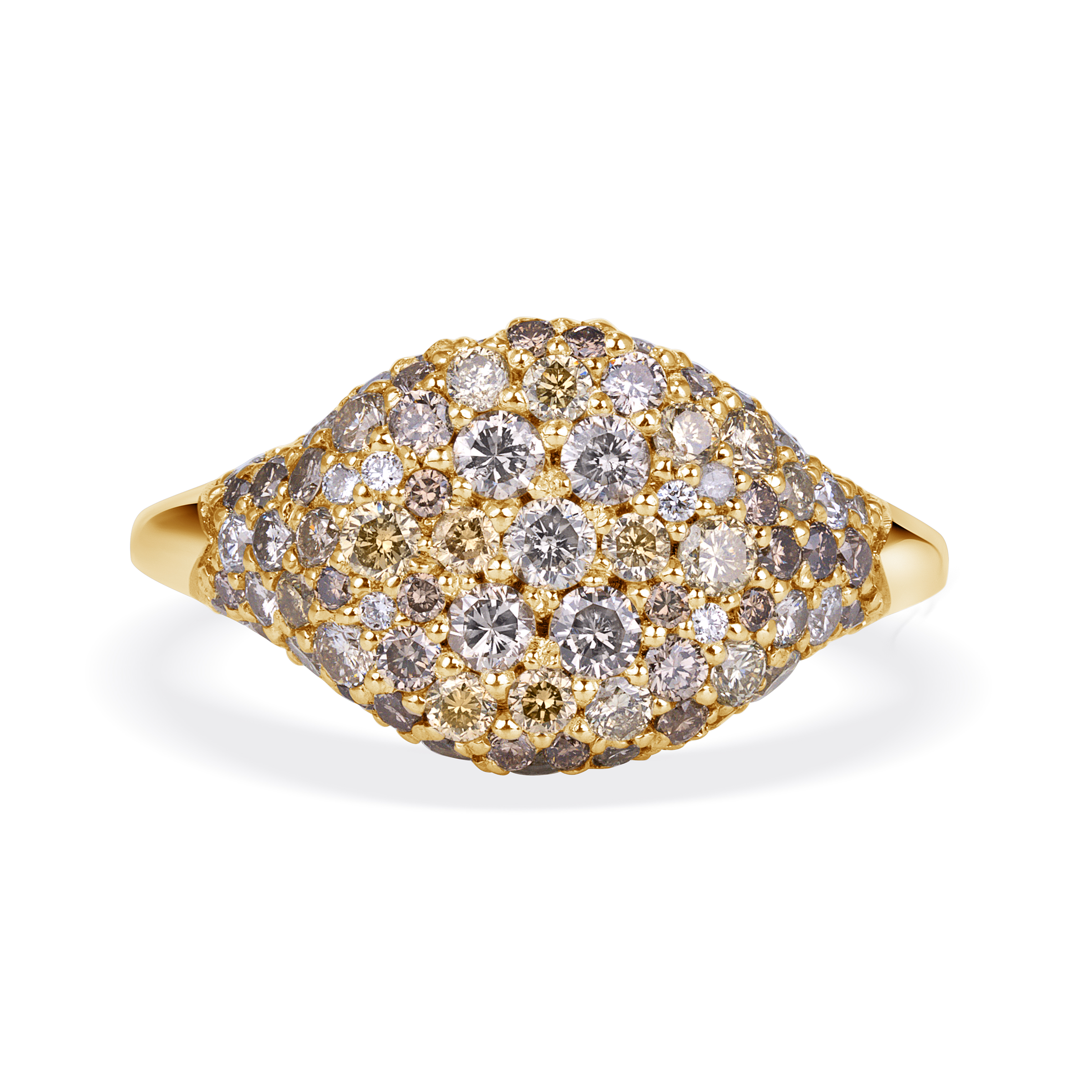 Front view of Opima Ring, yellow-gold signet ring with face covered in white, yellow and cognac diamonds