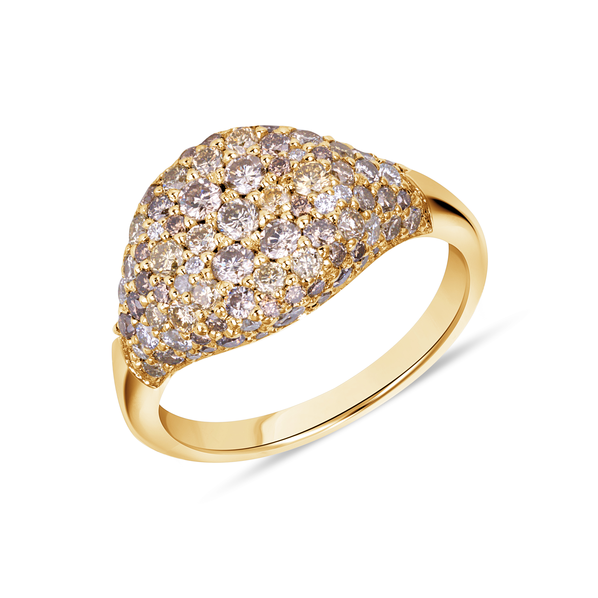 Side view of Opima Ring, yellow-gold signet ring with face covered in white, yellow and cognac diamonds