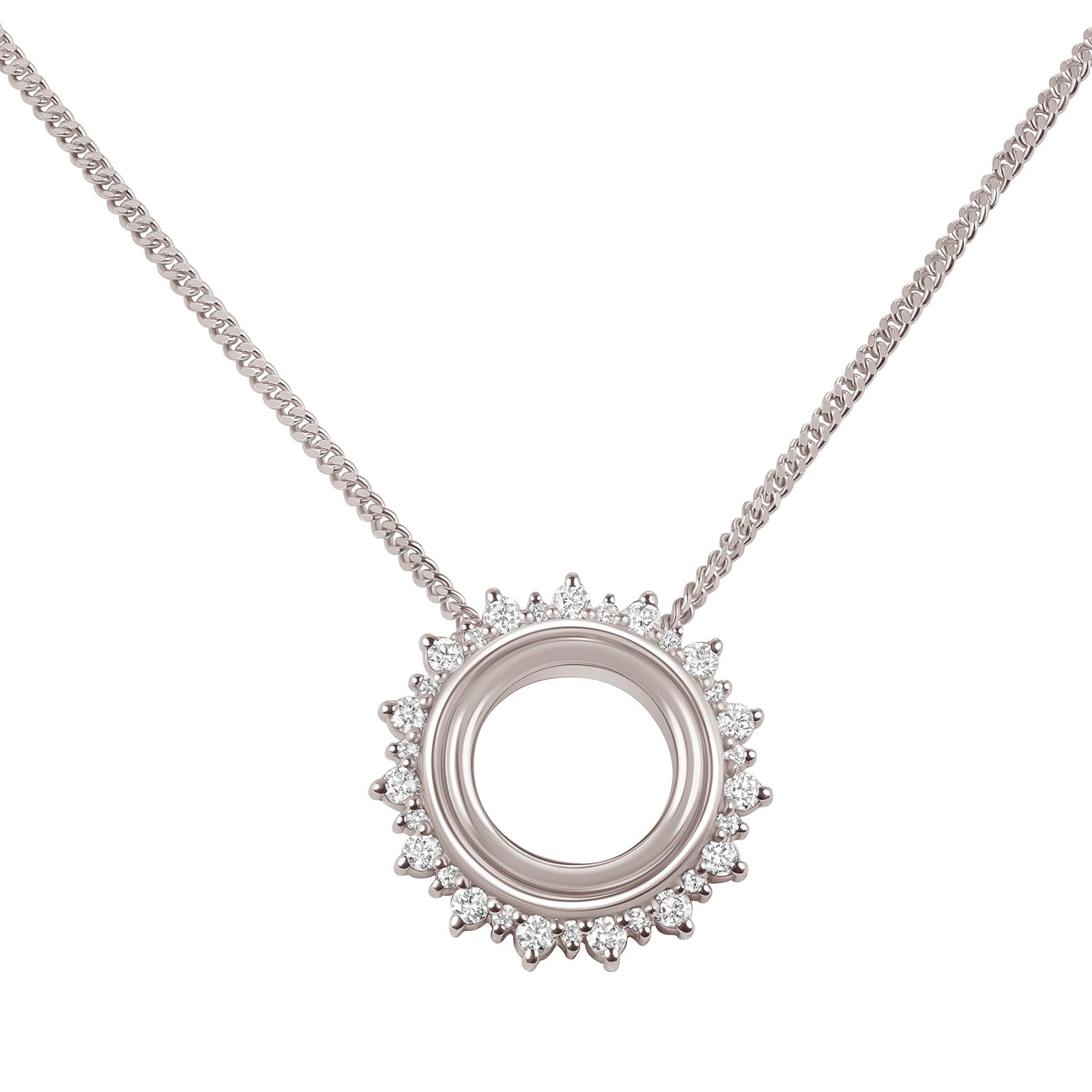 Sole Luce Necklace, white-gold pendant shaped like a sun with white diamonds as rays and a hole in the center