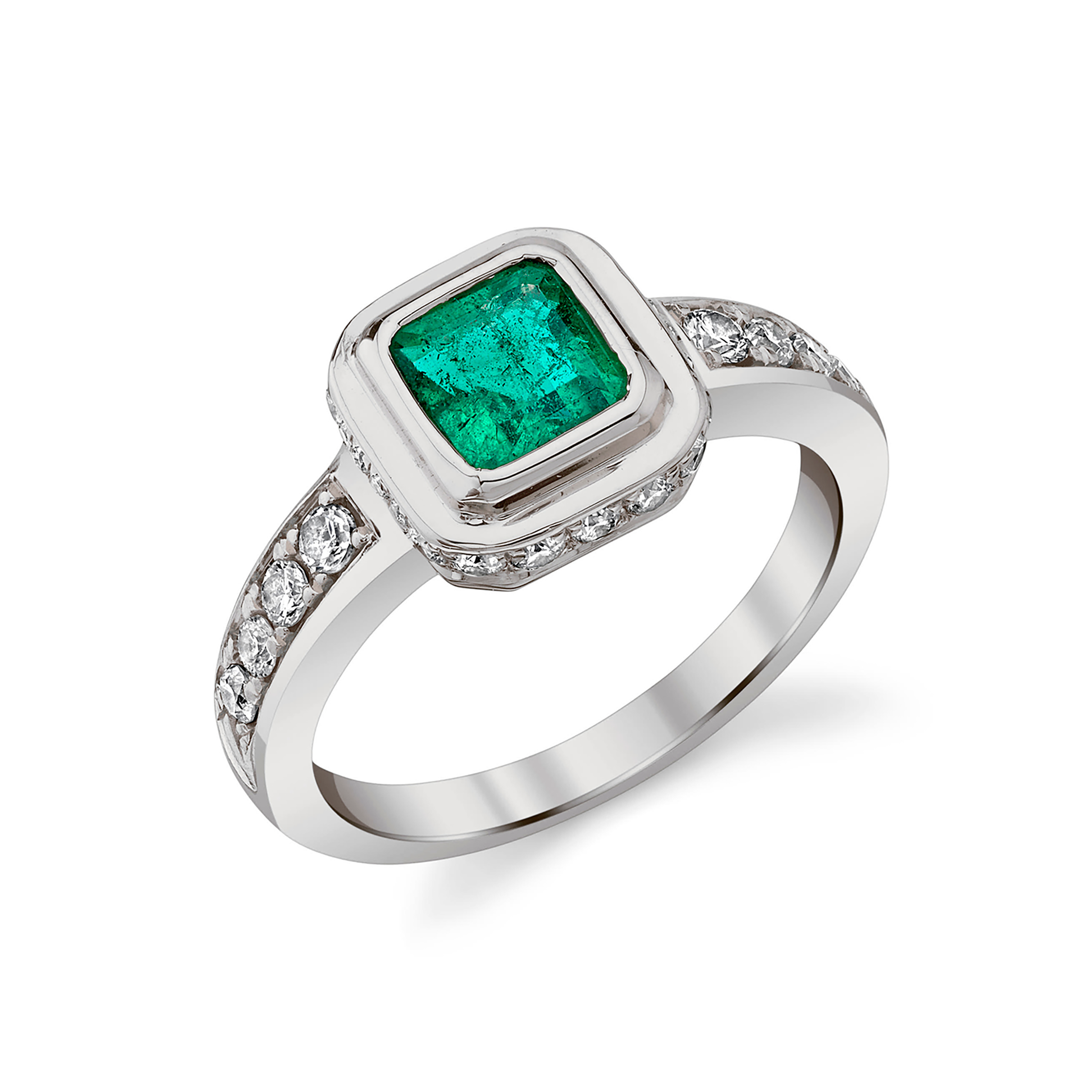 Alta Ring, white-gold ring with emerald set in a thick bezel lined on the sides with diamonds and diamonds running down the band