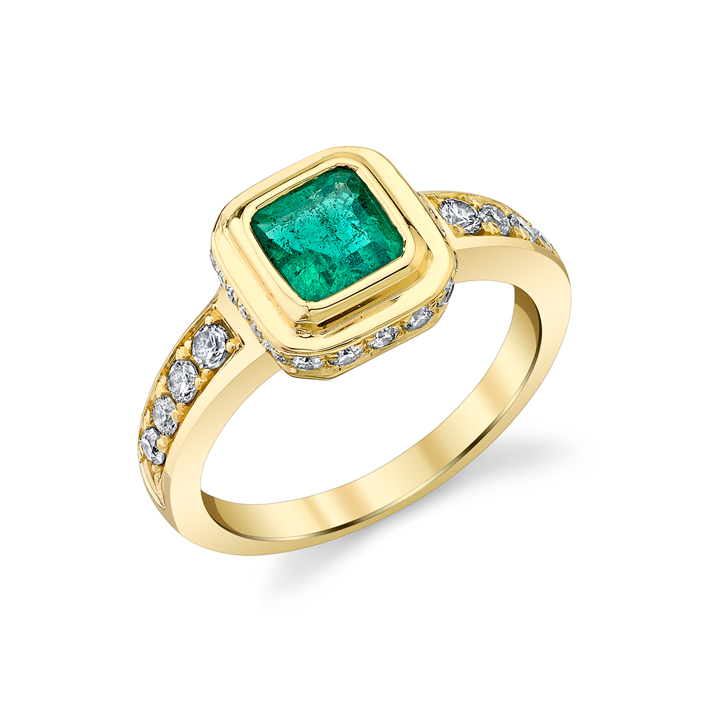 Alta Ring, yellow-gold ring with emerald set in a thick bezel lined on the sides with diamonds and diamonds running down the band