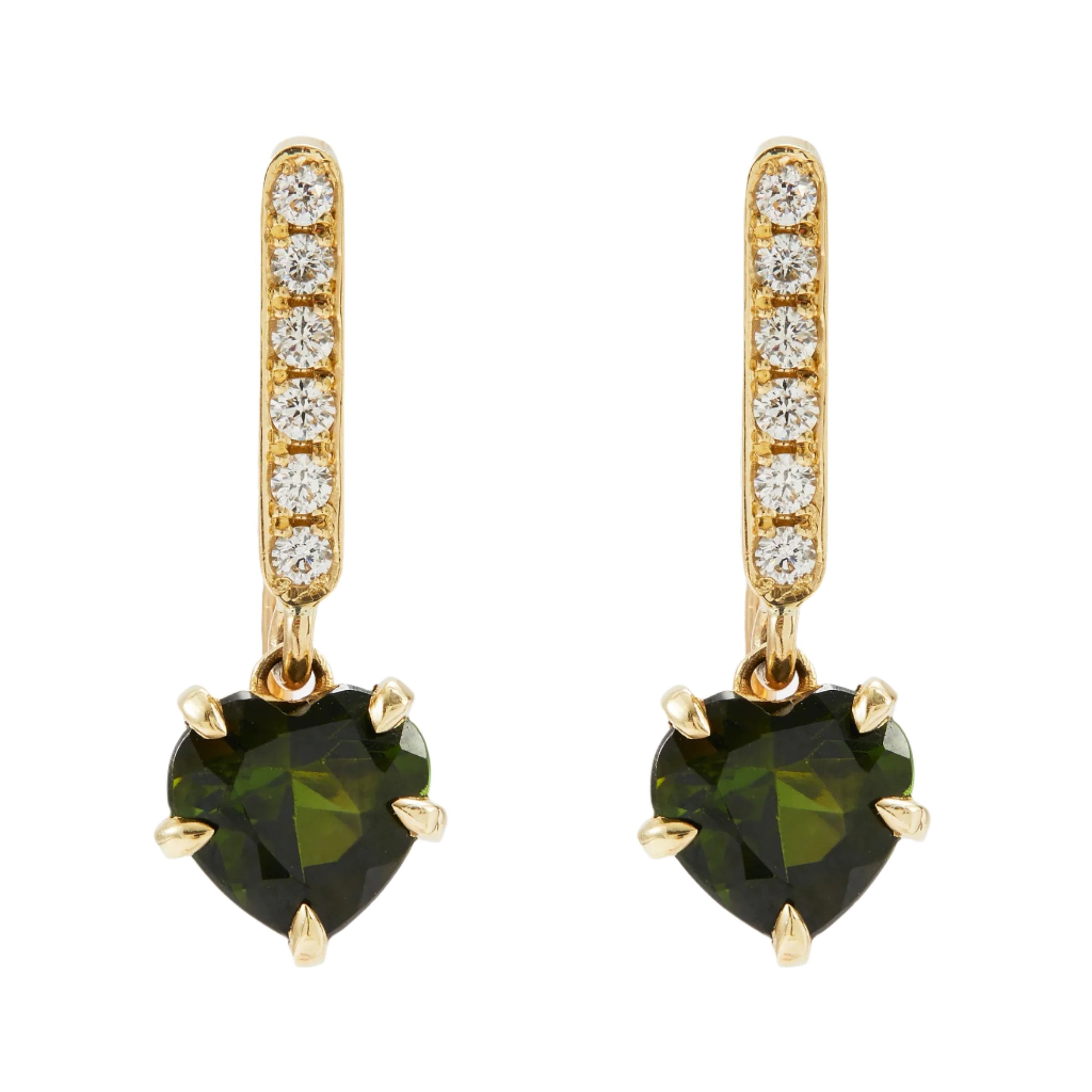 Front view of Amorino Earrings, drop earrings with green heart-shaped tourmalines and a line of white diamonds, set in yellow gold