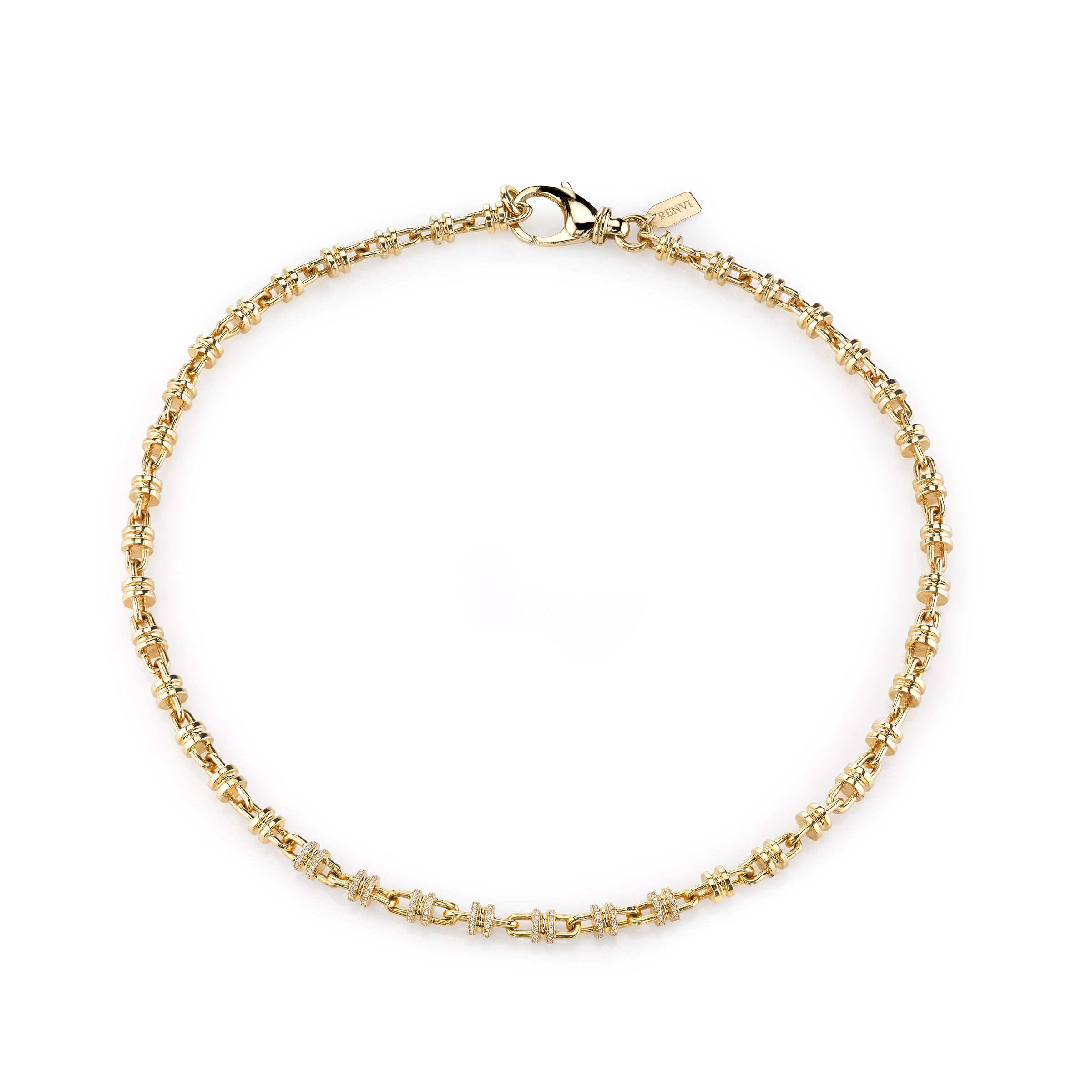 Capital Link Necklace, chain necklace with Doric-column inspired links, set in yellow gold with white diamond pavé