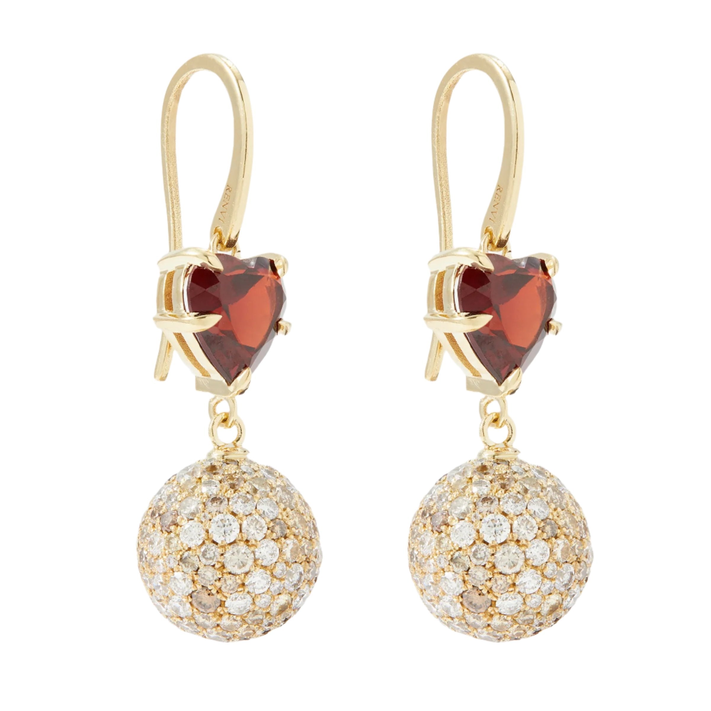 Side view of Chicca Pallina Earrings, drop earrings with deep-red heart-shaped garnets and a ball of white diamonds, set in yellow gold