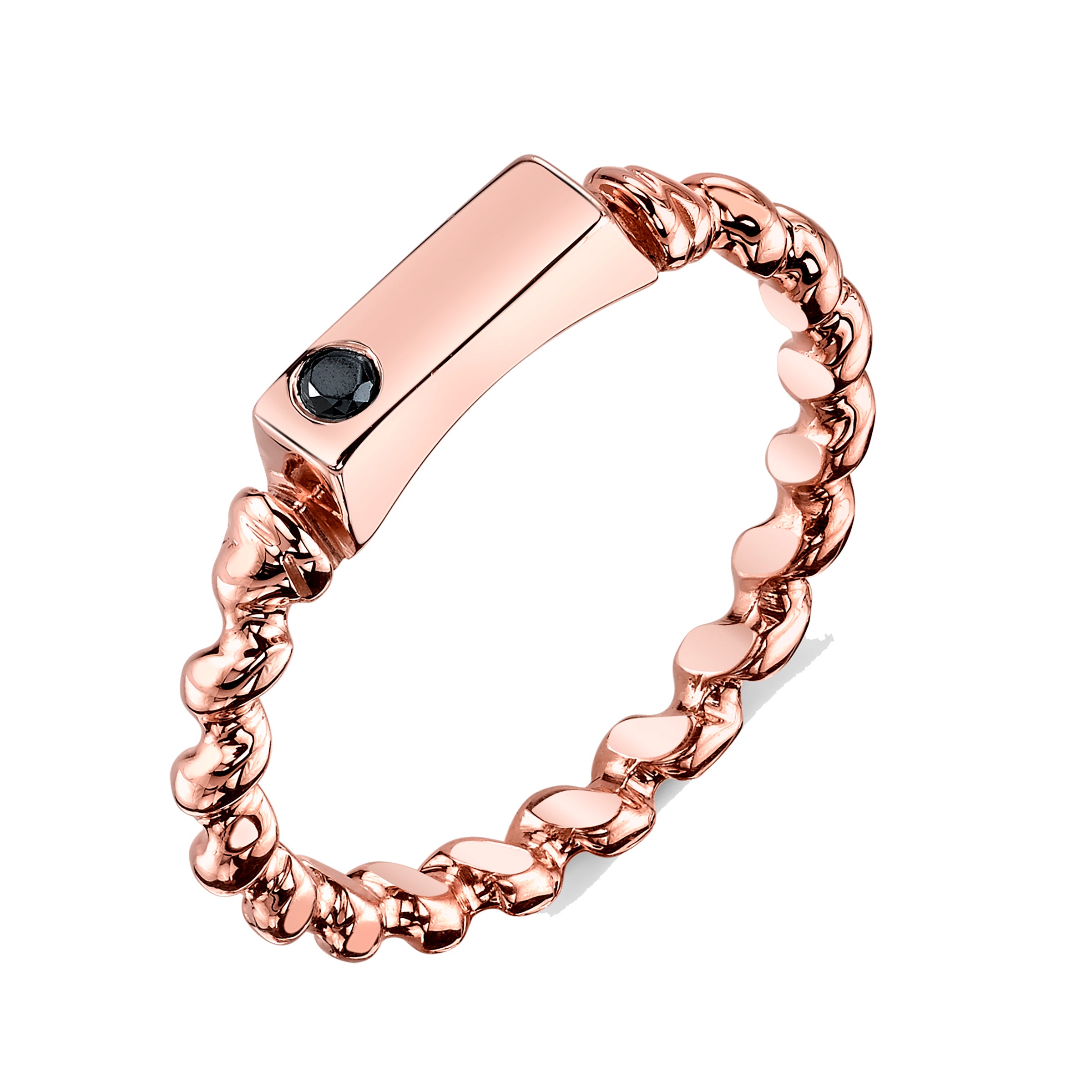 Corda Nameplate Ring, rose-gold ring consisting of a textured band and front raised plate with off-center black diamond