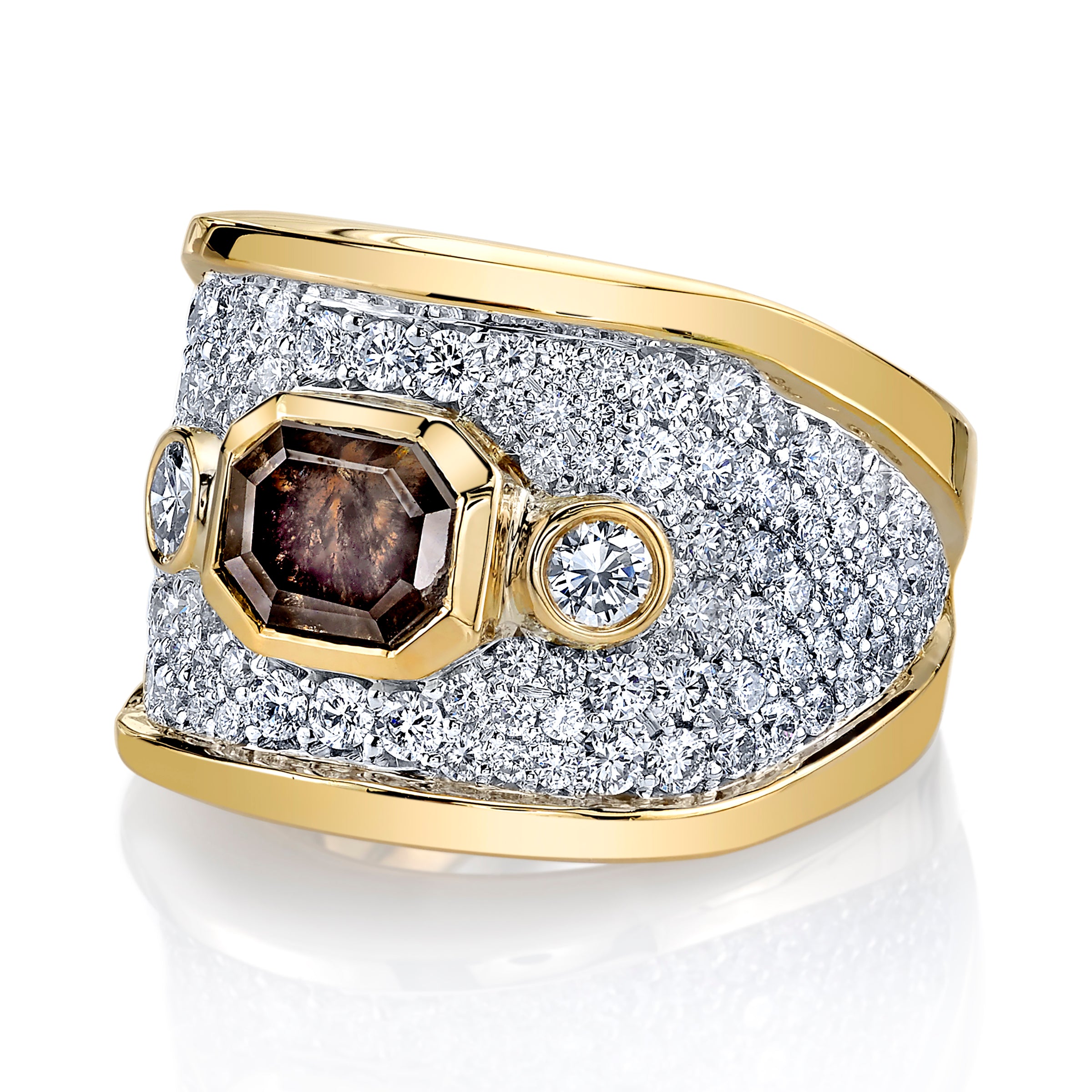 Side view of Crixus Ring, wide yellow-gold ring lined with white diamond pavé and a brown diamond in the center