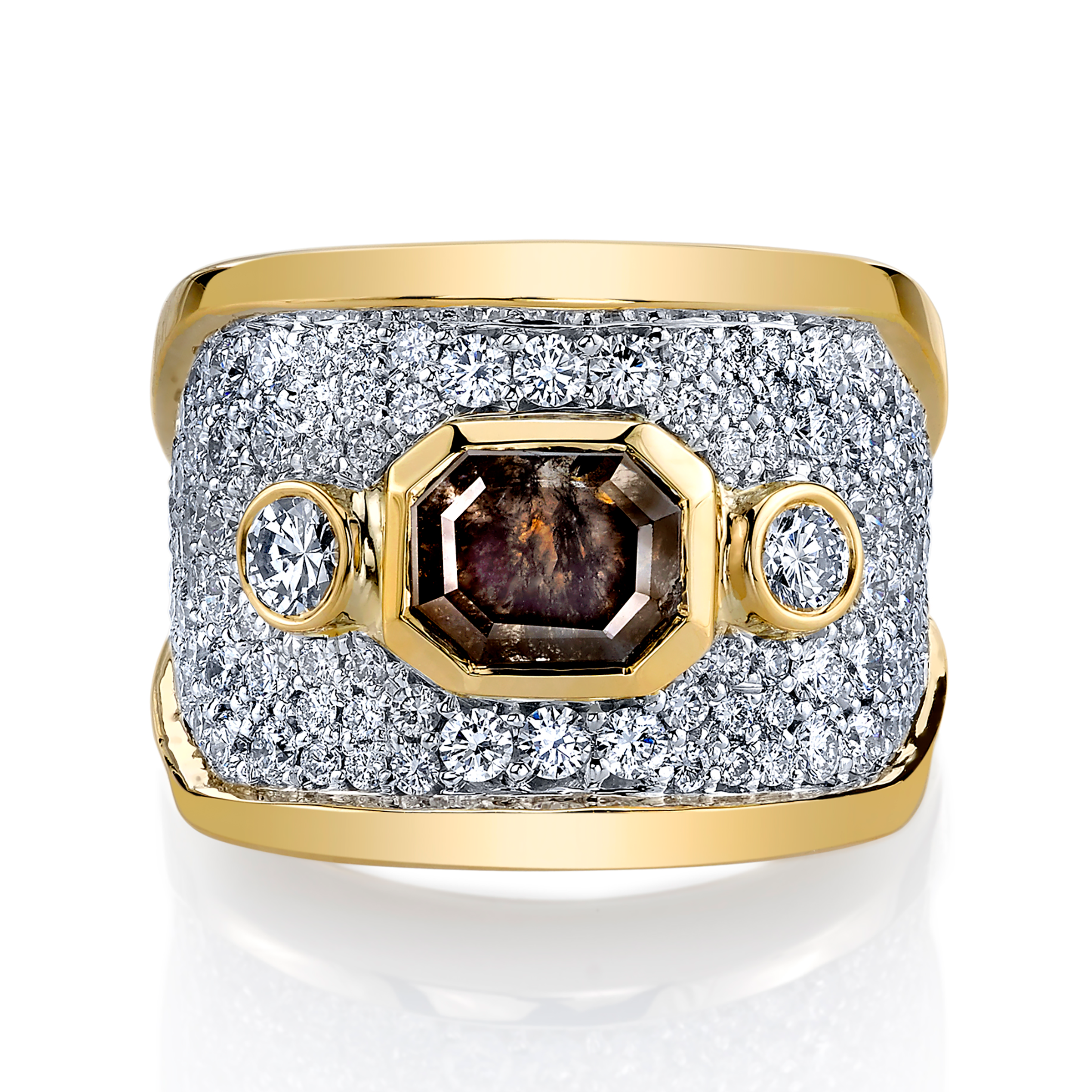 Front view of Crixus Ring, wide yellow-gold ring lined with white diamond pavé and a brown diamond in the center