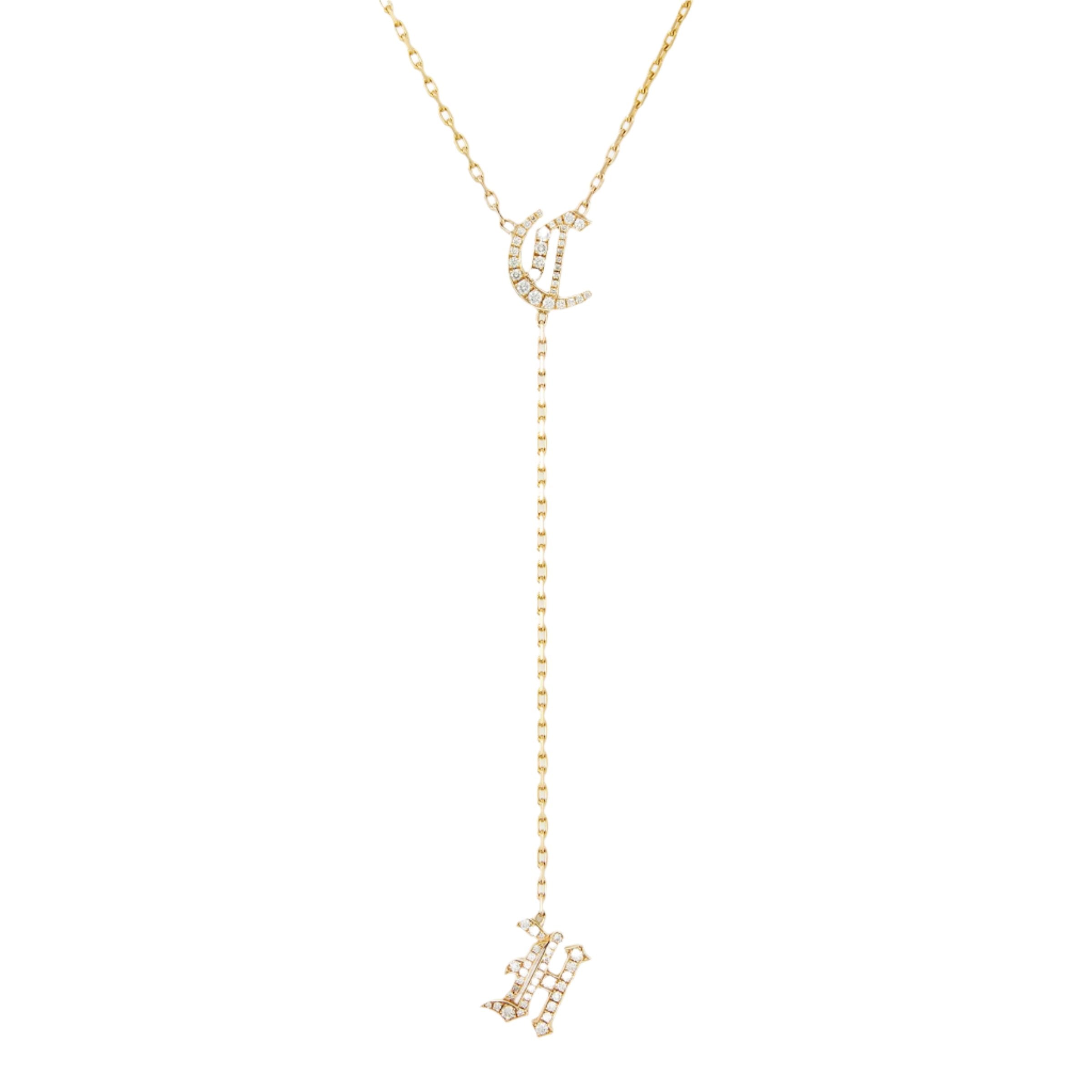 La Firma Lariat Necklace, lariat necklace with the letters C and H set in yellow gold with white diamonds