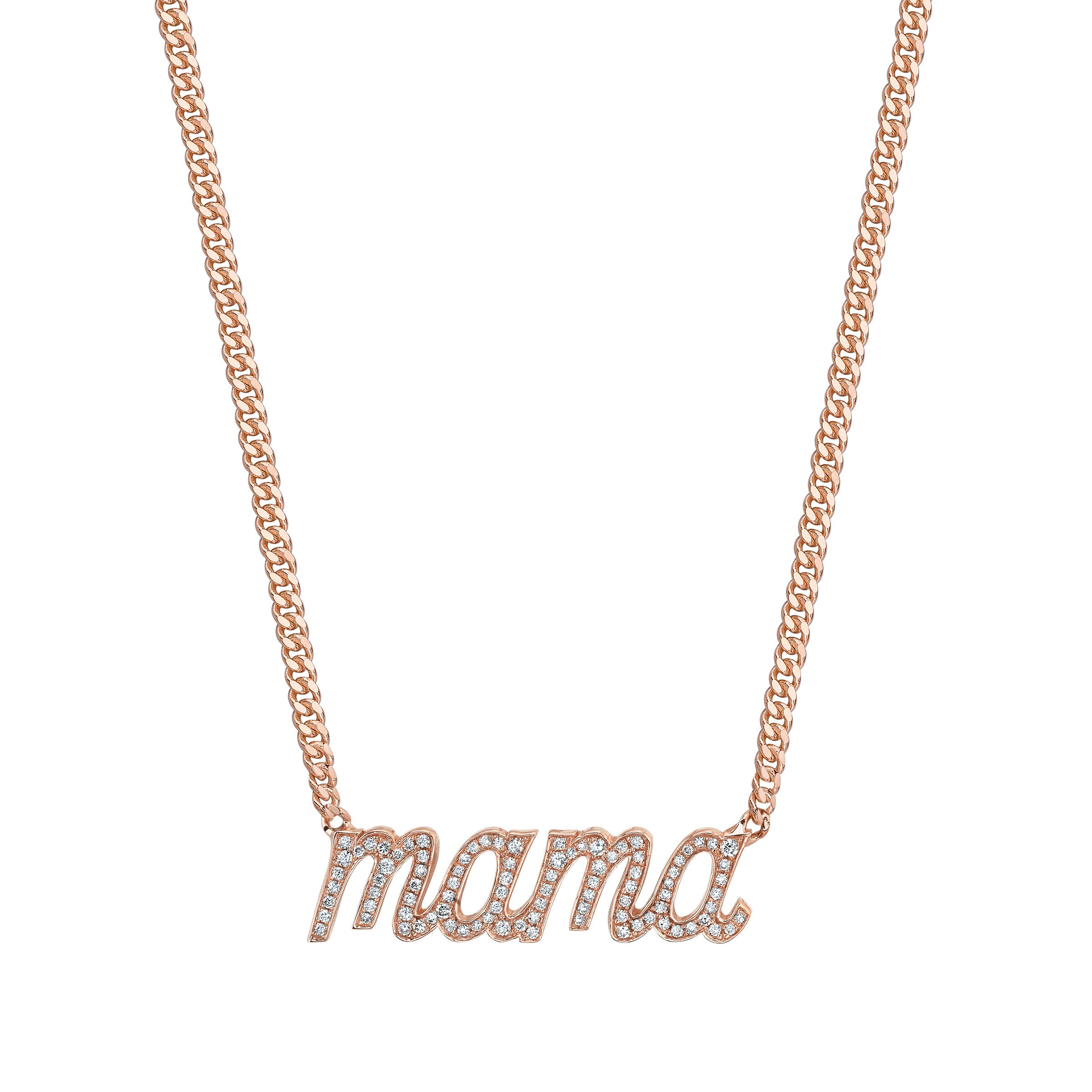 La Firma Necklace, Small, necklace with the word "mama" in a cursive font and set with white diamonds in rose gold