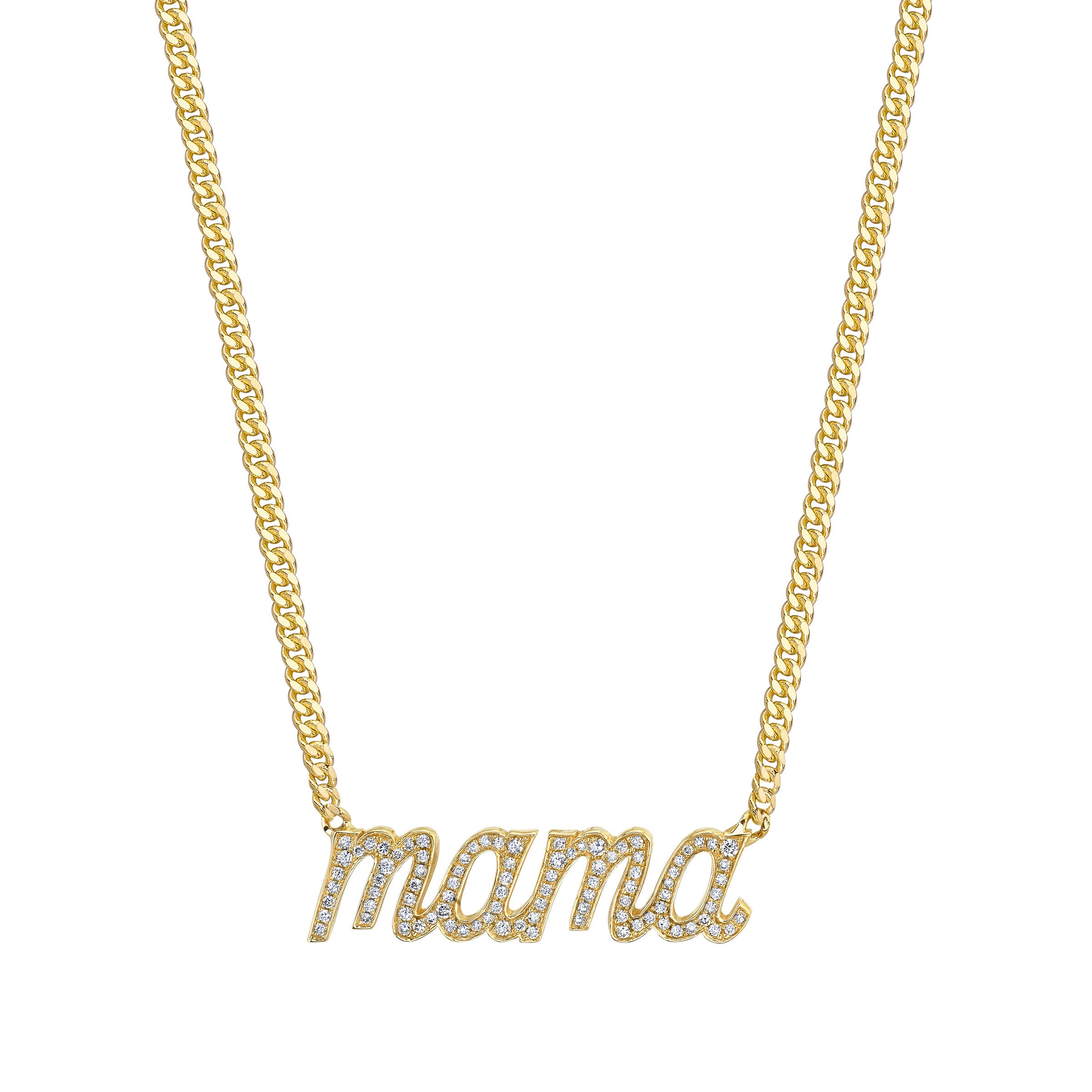 La Firma Necklace, Small, necklace with the word "mama" in a cursive font and set with white diamonds in yellow gold