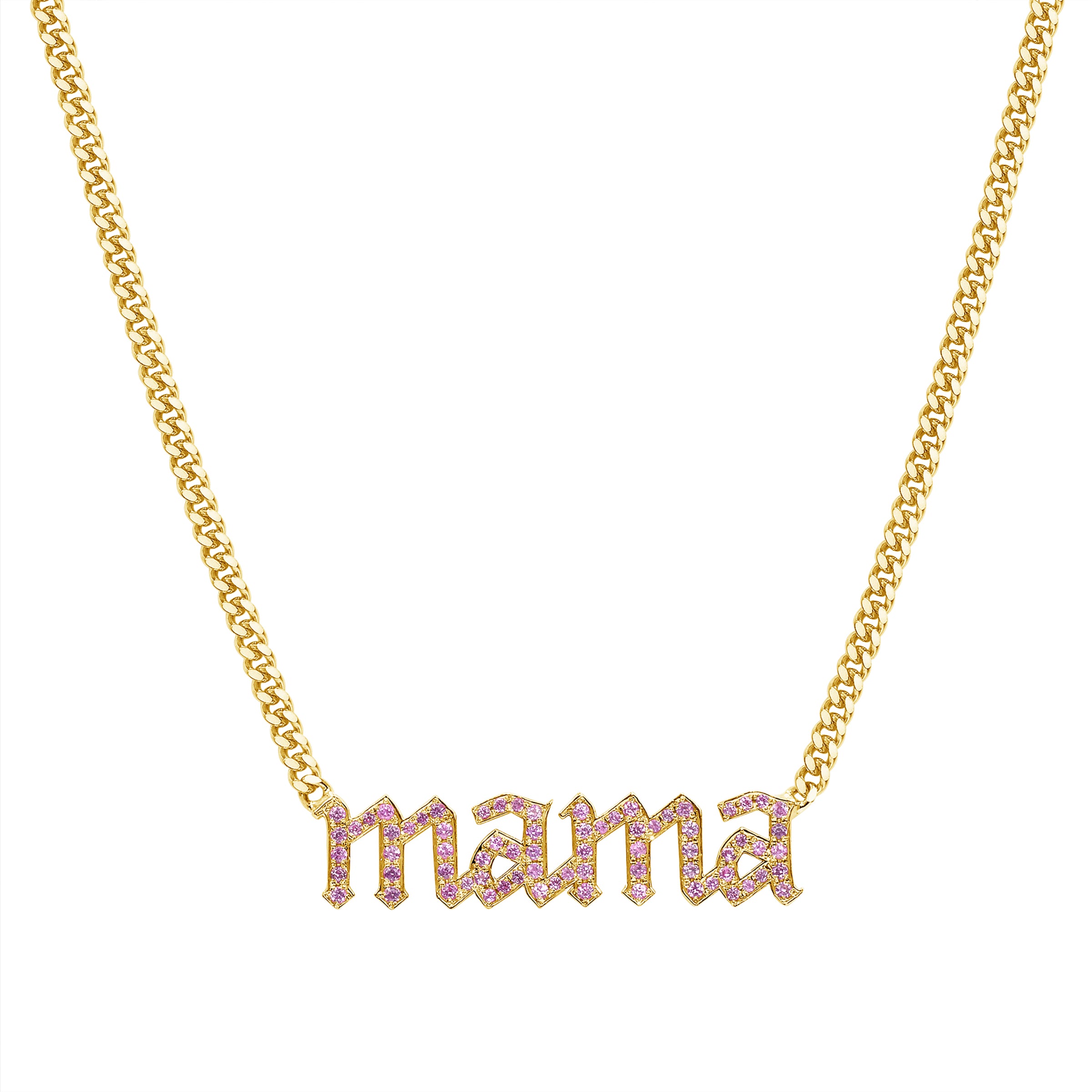 La Firma Necklace Small Pink Sapphire, necklace with the word "mama" in a Old English font and set with pink sapphires in yellow gold