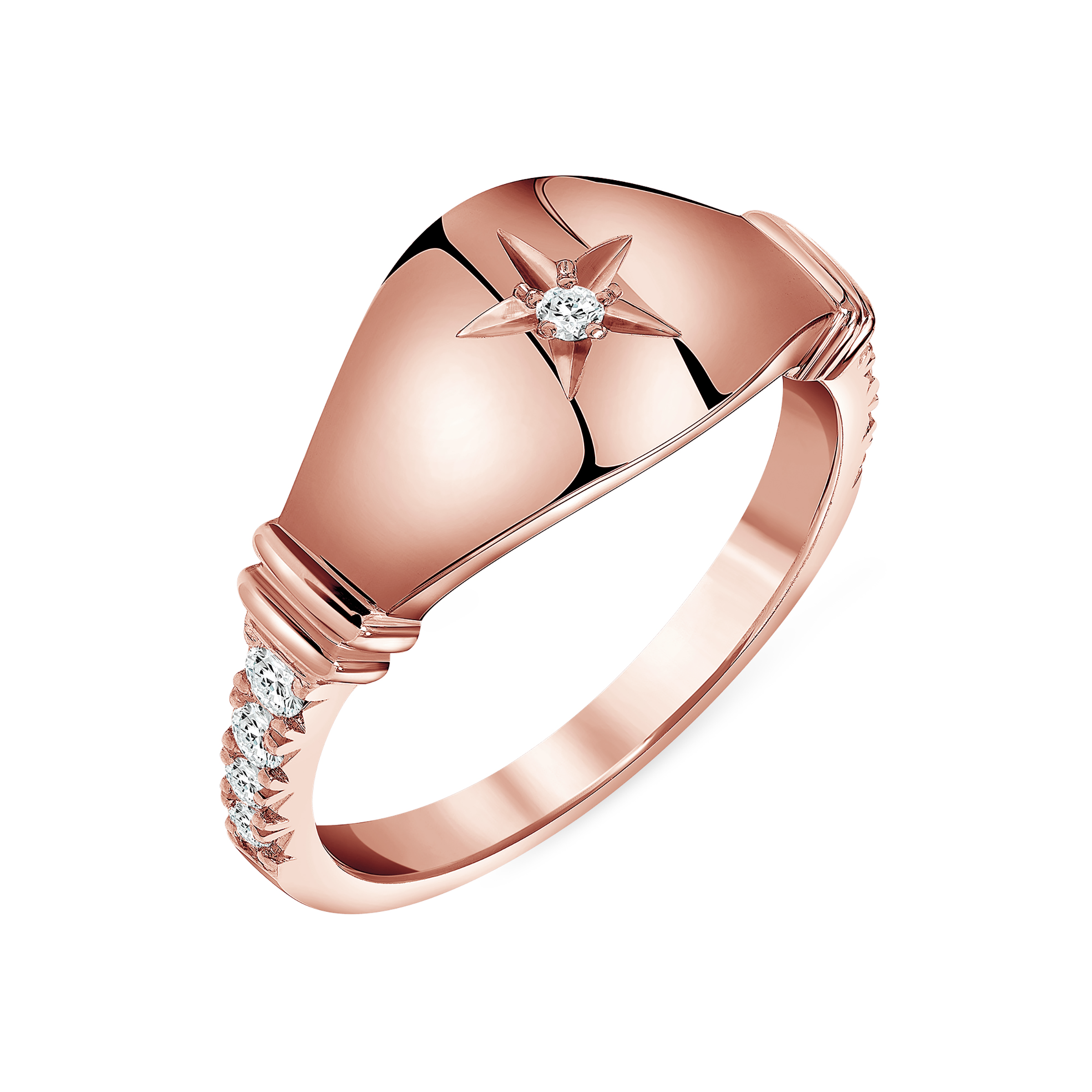 Maia Star Ring, rose-gold signet ring with a white diamond set in a star on the face and white diamonds down the band