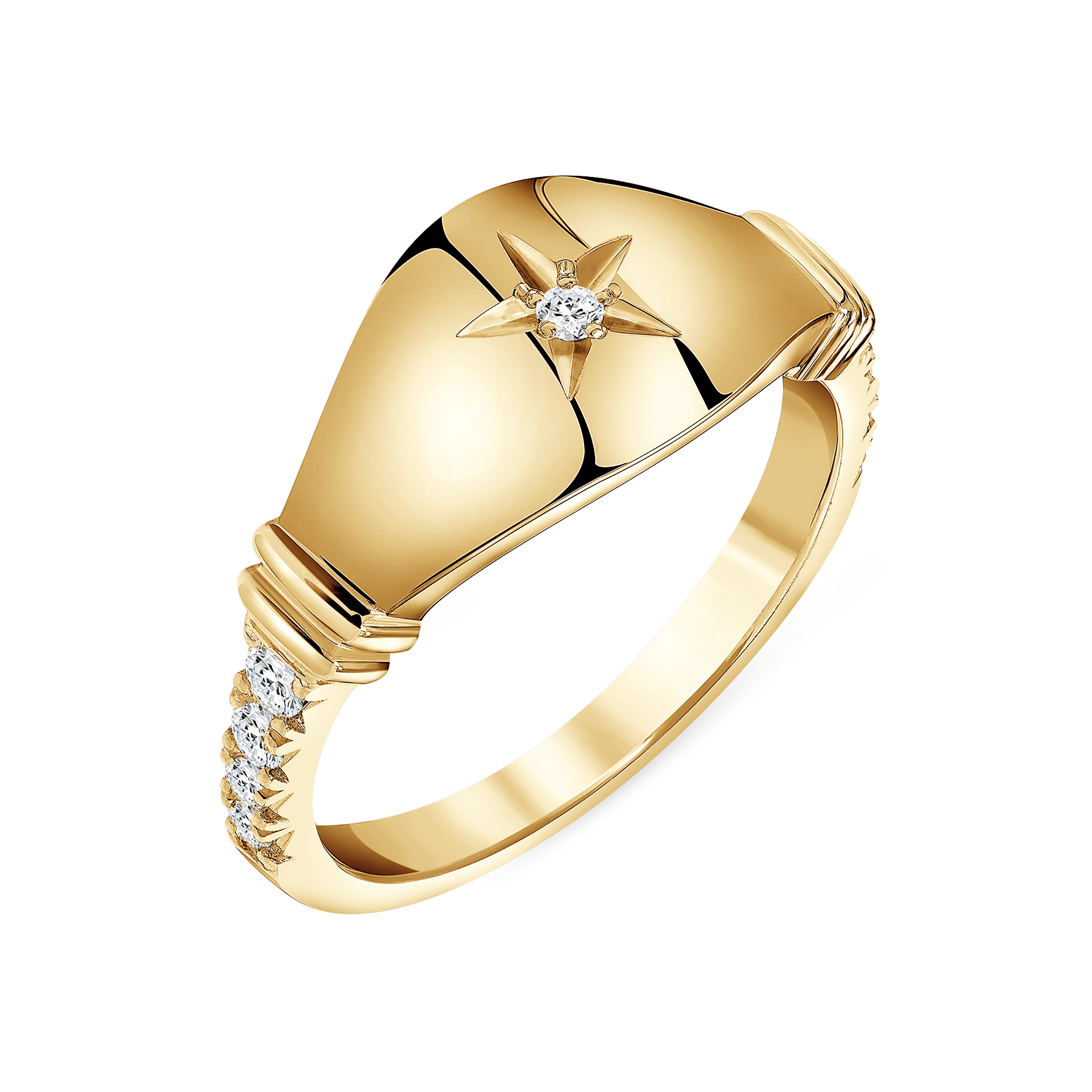 Maia Star Ring, yellow-gold signet ring with a white diamond set in a star on the face and white diamonds down the band