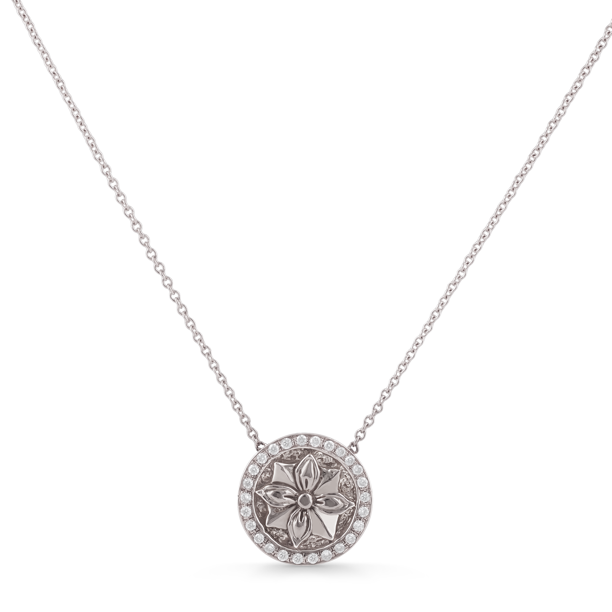 Petite Ornament Necklace, white-gold pendant outlined with white diamond pavé with a floral motif in the center