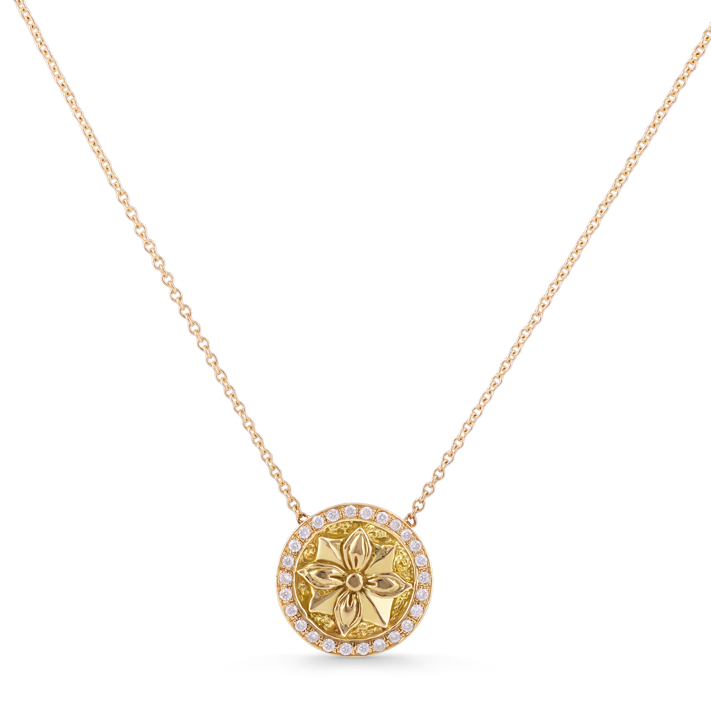 Petite Ornament Necklace, yellow-gold pendant outlined with white diamond pavé with a floral motif in the center