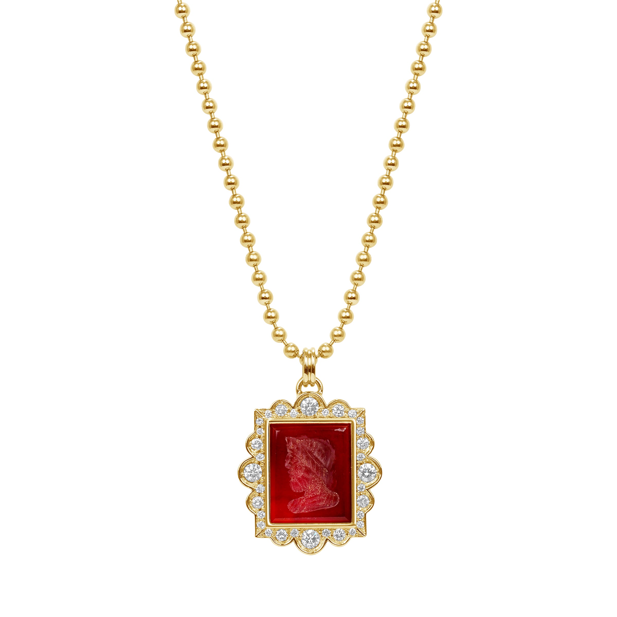 Quadro Musa Necklace, red rectangular cameo set in a white diamond frame, strung on a yellow-gold ball chain