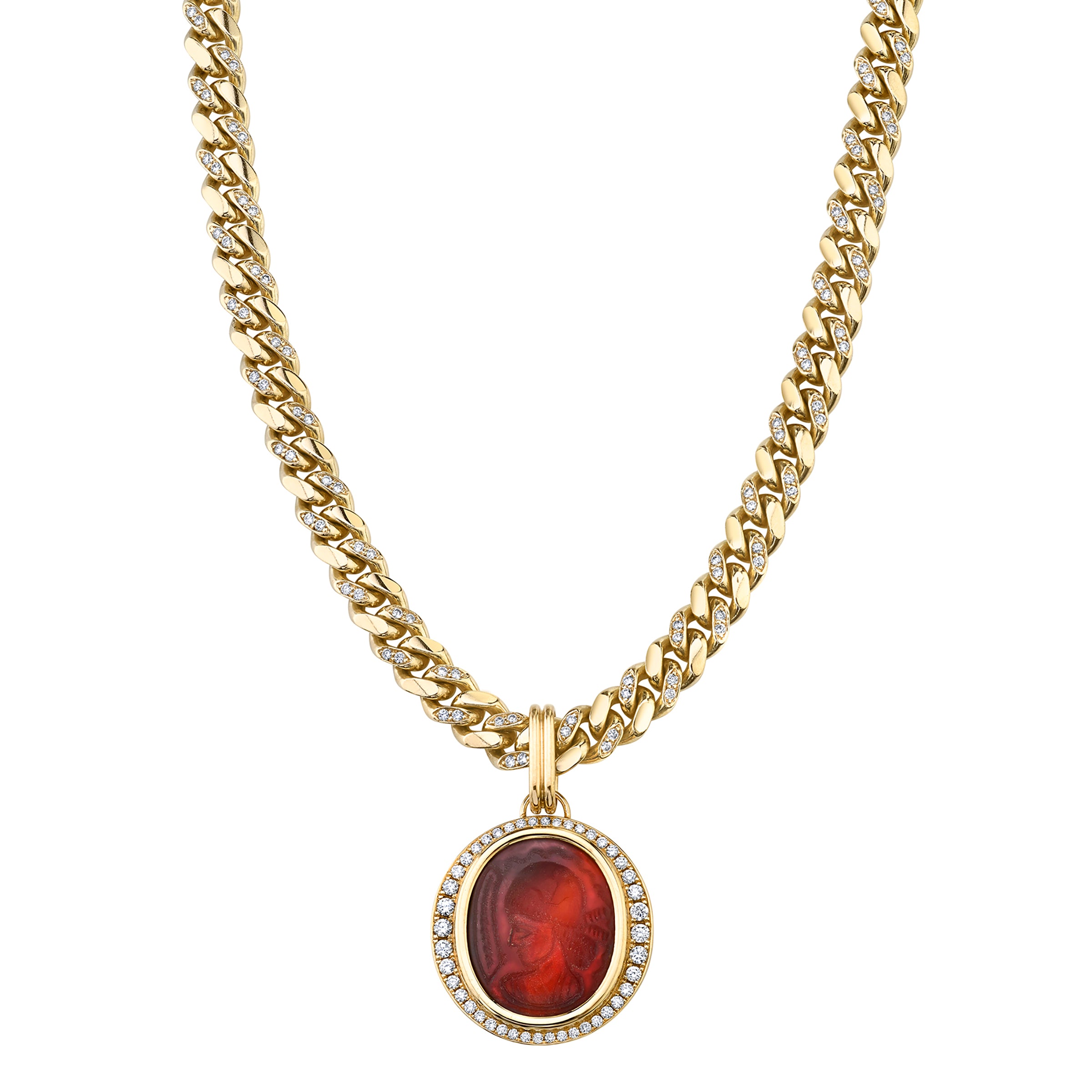 Quadro Musa Necklace, red oval cameo set in a frame of white diamonds, strung on a yellow-gold chain with diamond pavé