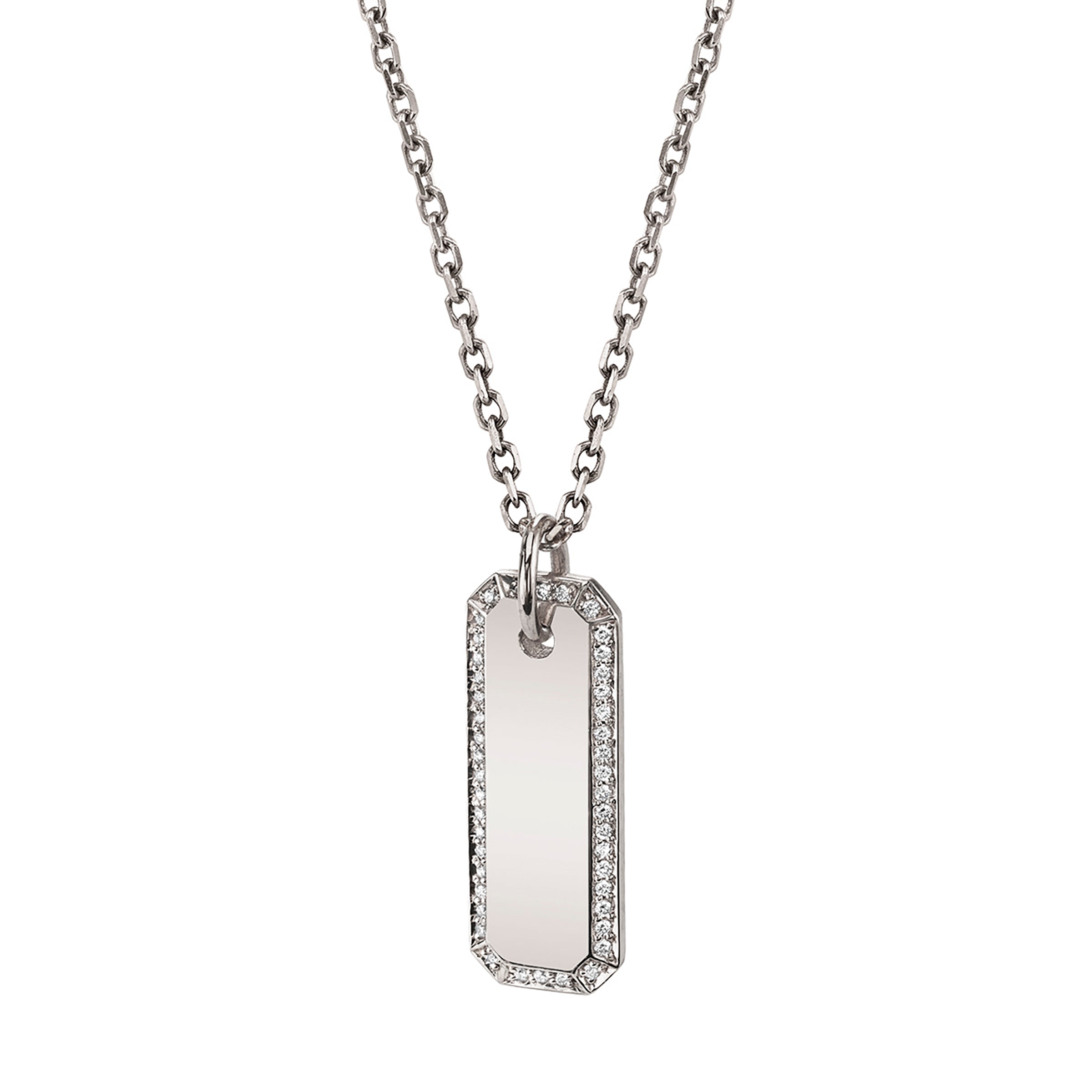 Romana Tag Necklace, white-gold pendant mimicking a rectangular dog tag with diamond pavé forming a border