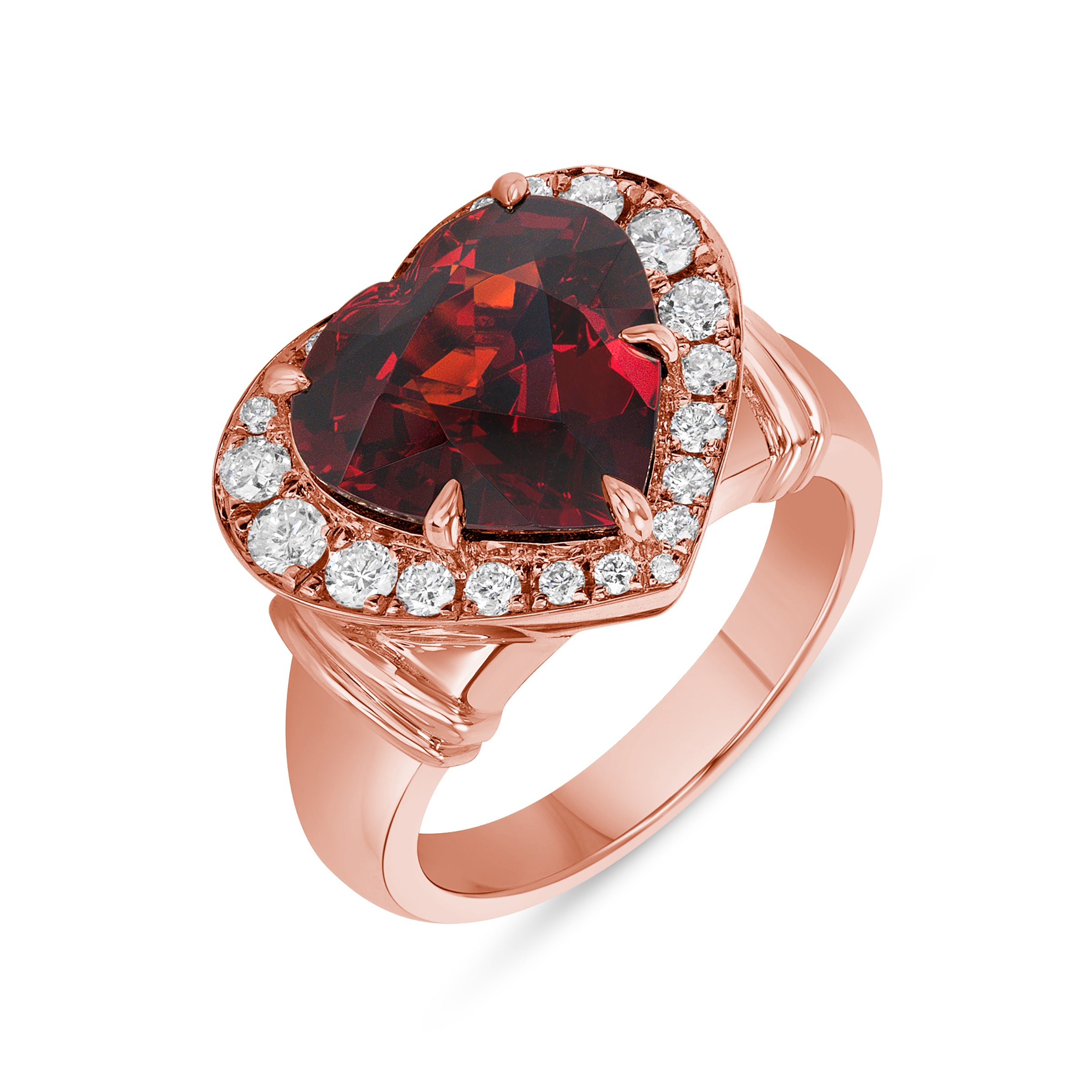 Tesoro ring, ring with deep-red heart-shaped garnet surrounded by a halo of white diamonds and set in rose gold