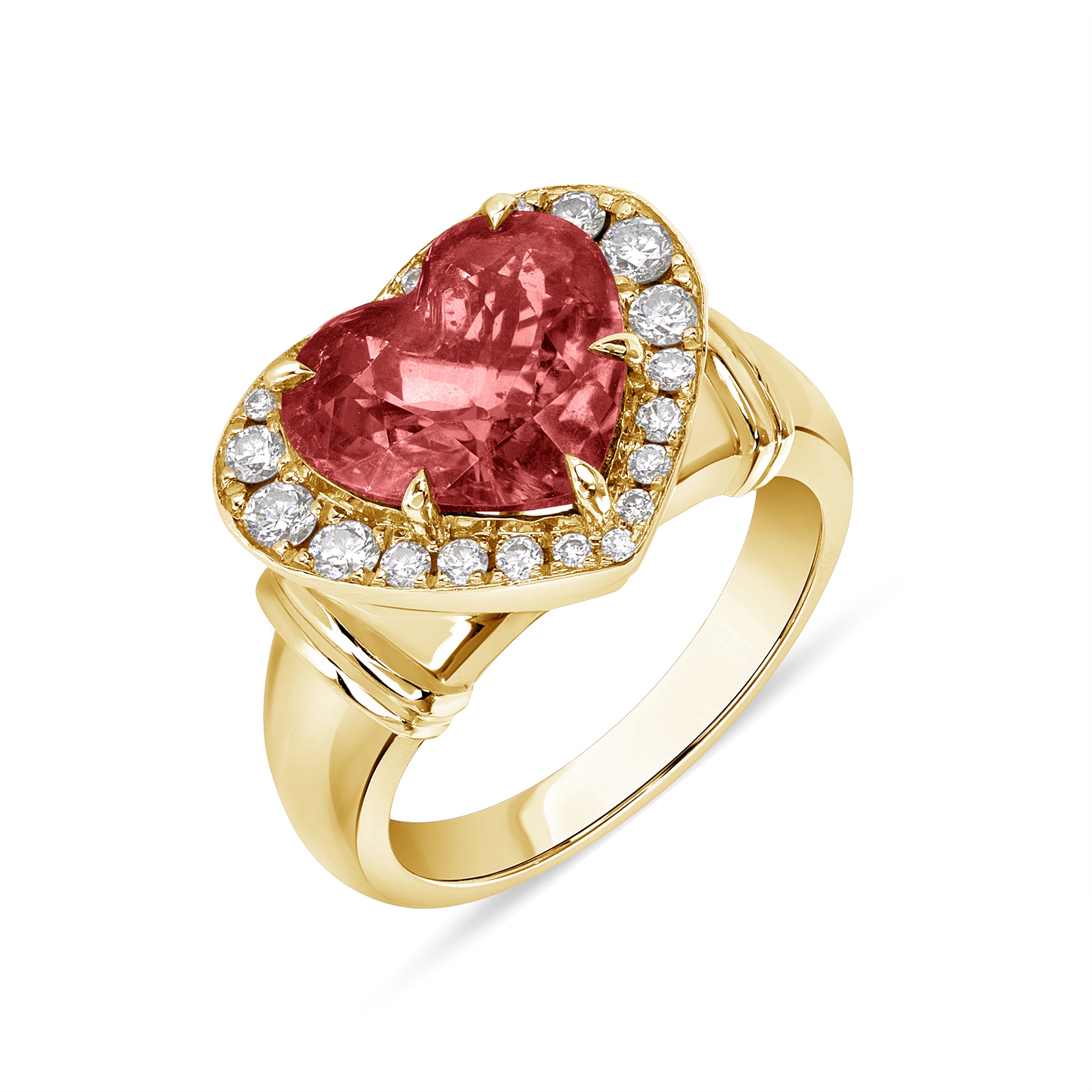 Tesoro ring, ring with heart-shaped rubellite surrounded by a halo of white diamonds and set in yellow gold