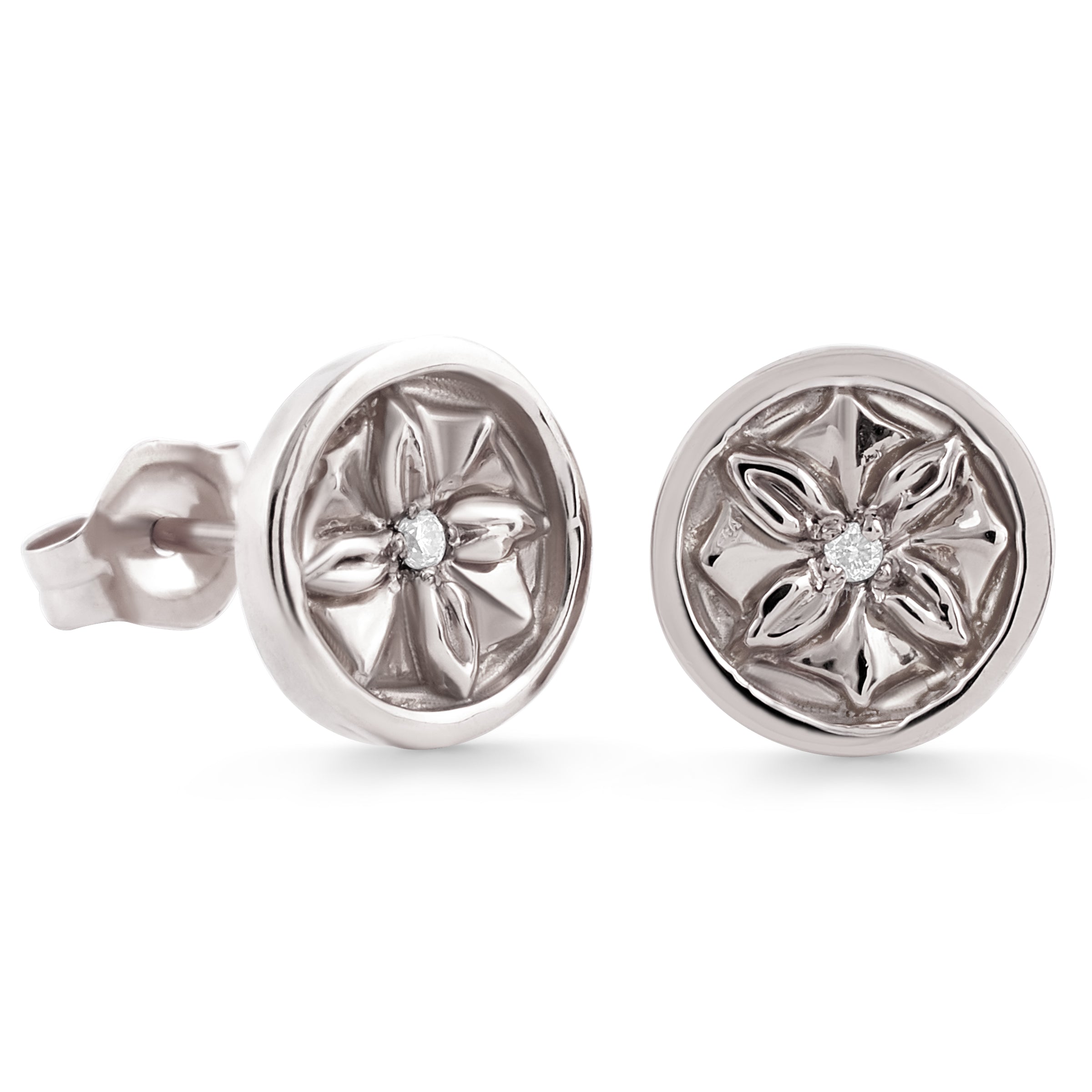 Uxor Stud Earrings, white-gold stud earrings with floral motif and white-diamond in the center