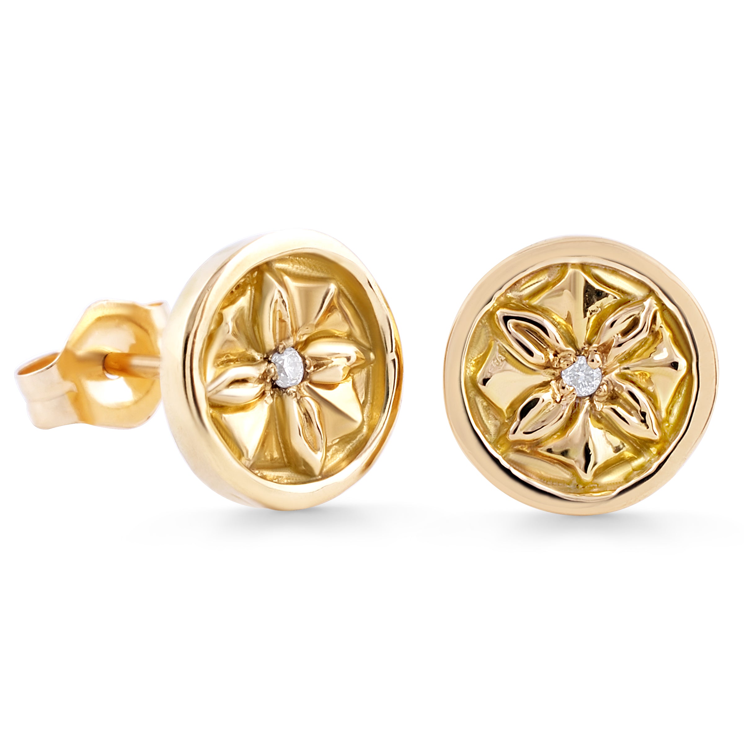 Uxor Stud Earrings, yellow-gold stud earrings with floral motif and white-diamond in the center