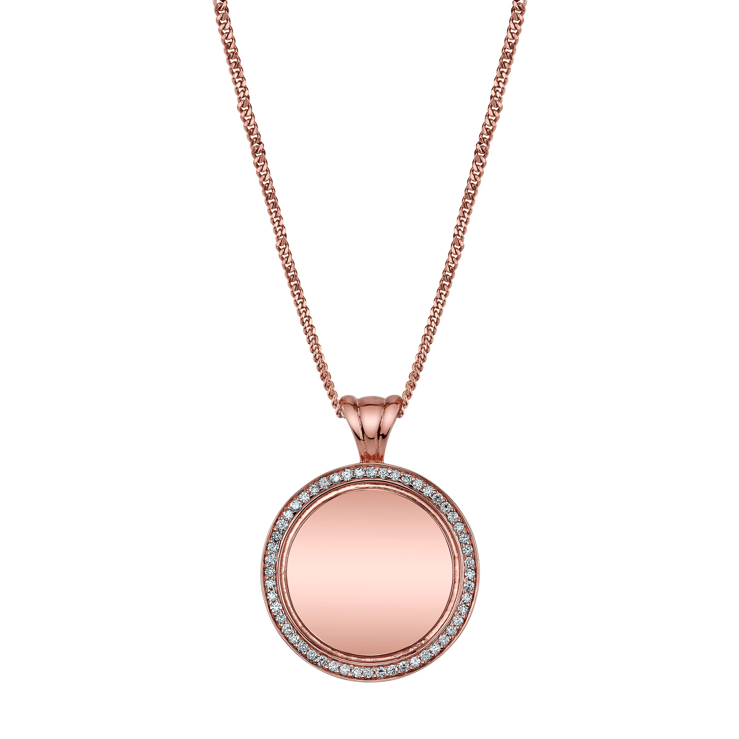 Vatican Coin Pendant, a circular charm in rose gold with a diamond pavé border