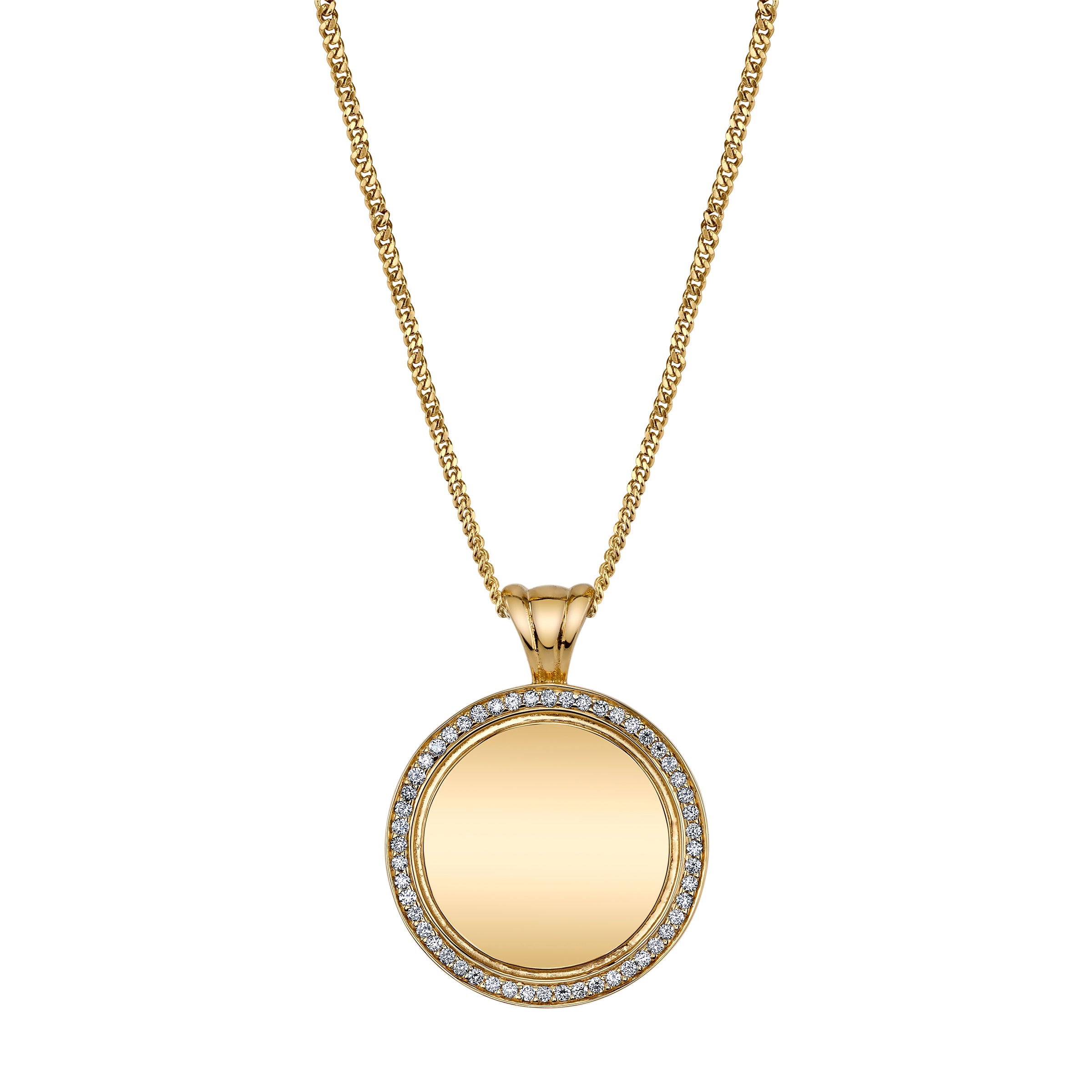 Vatican Coin Pendant, a circular charm in yellow gold with a diamond pavé border